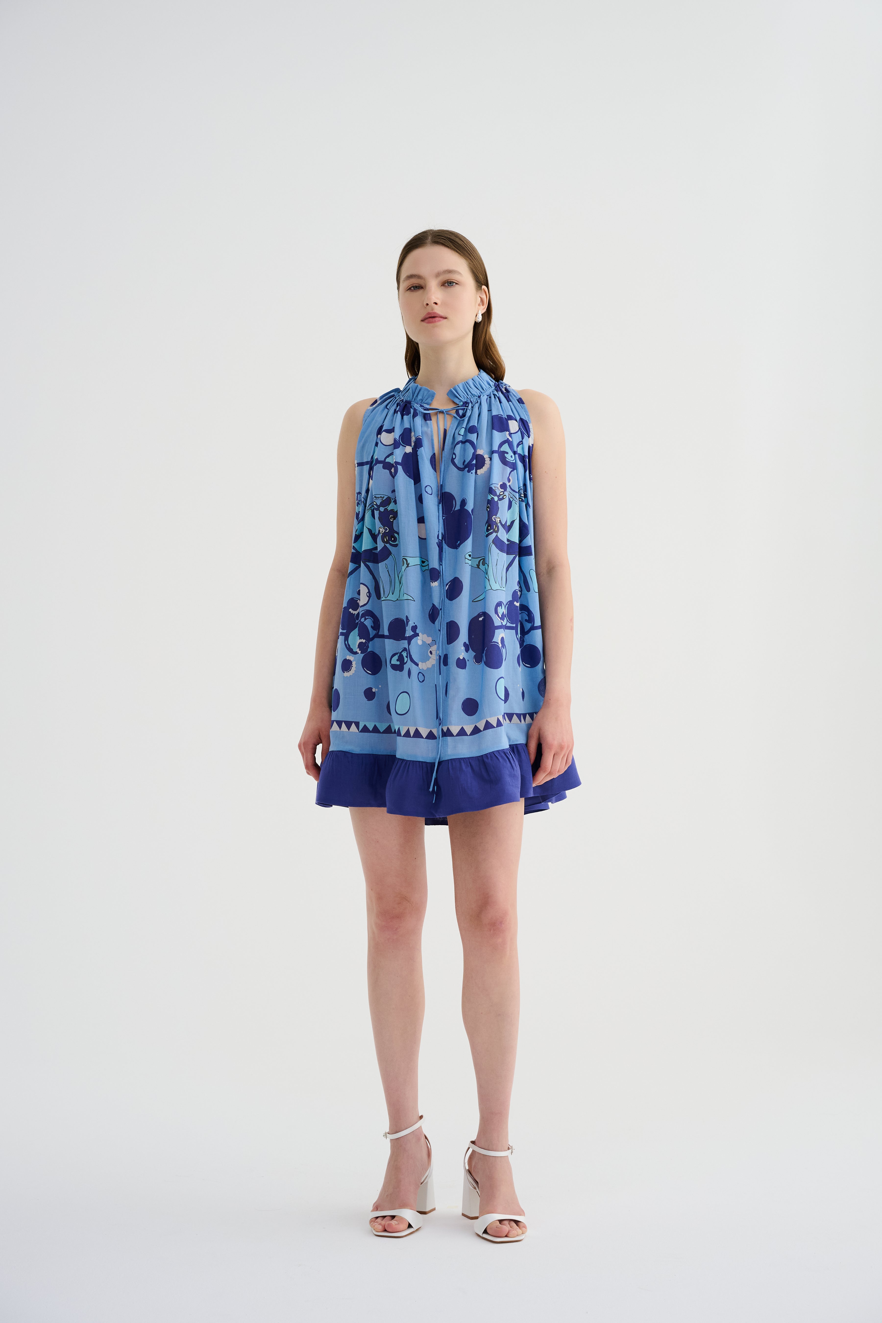 Zeugma Desenli Volanlı Mini Pamuk Elbise