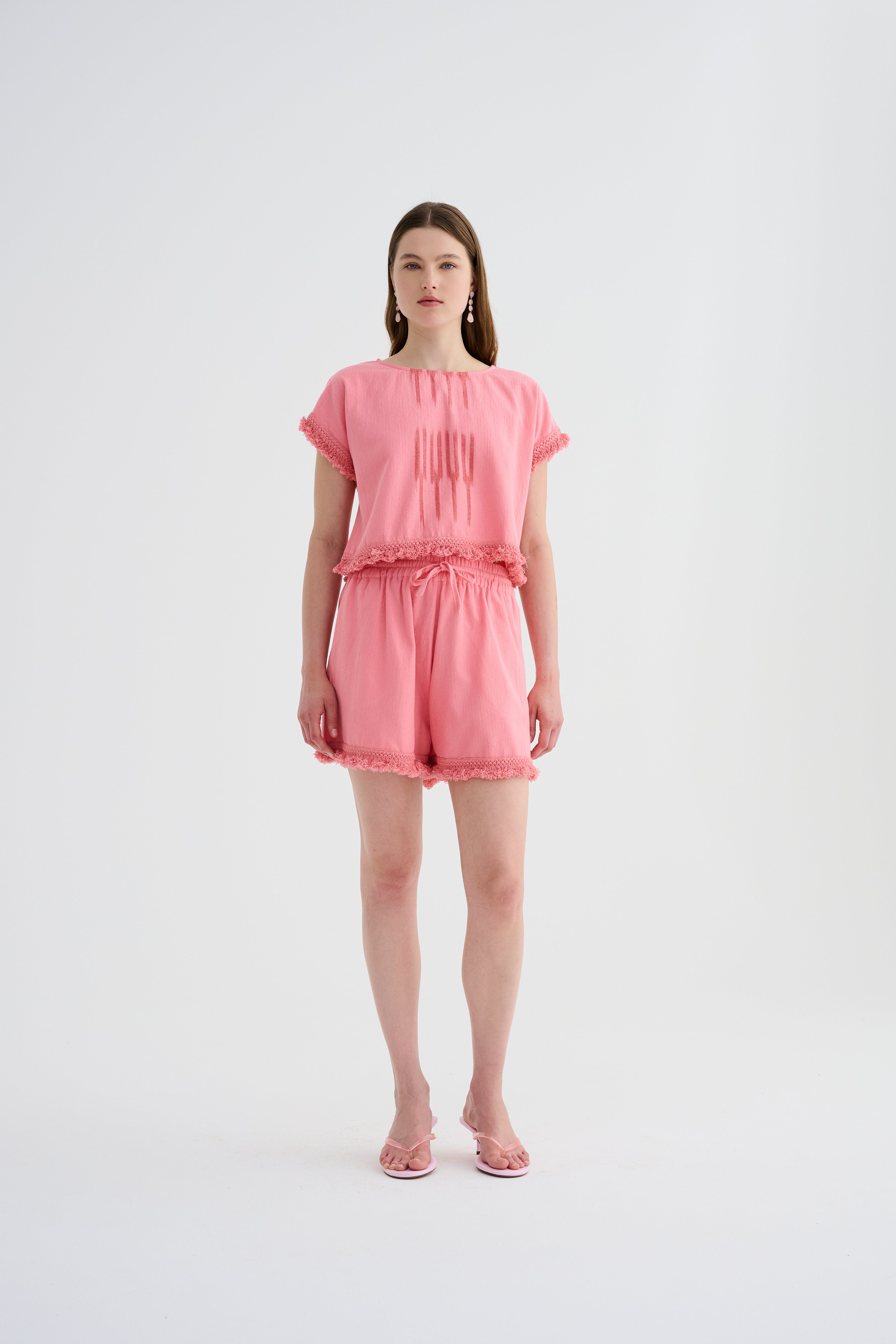 Peştemal Kısa Kollu Pembe Bluz