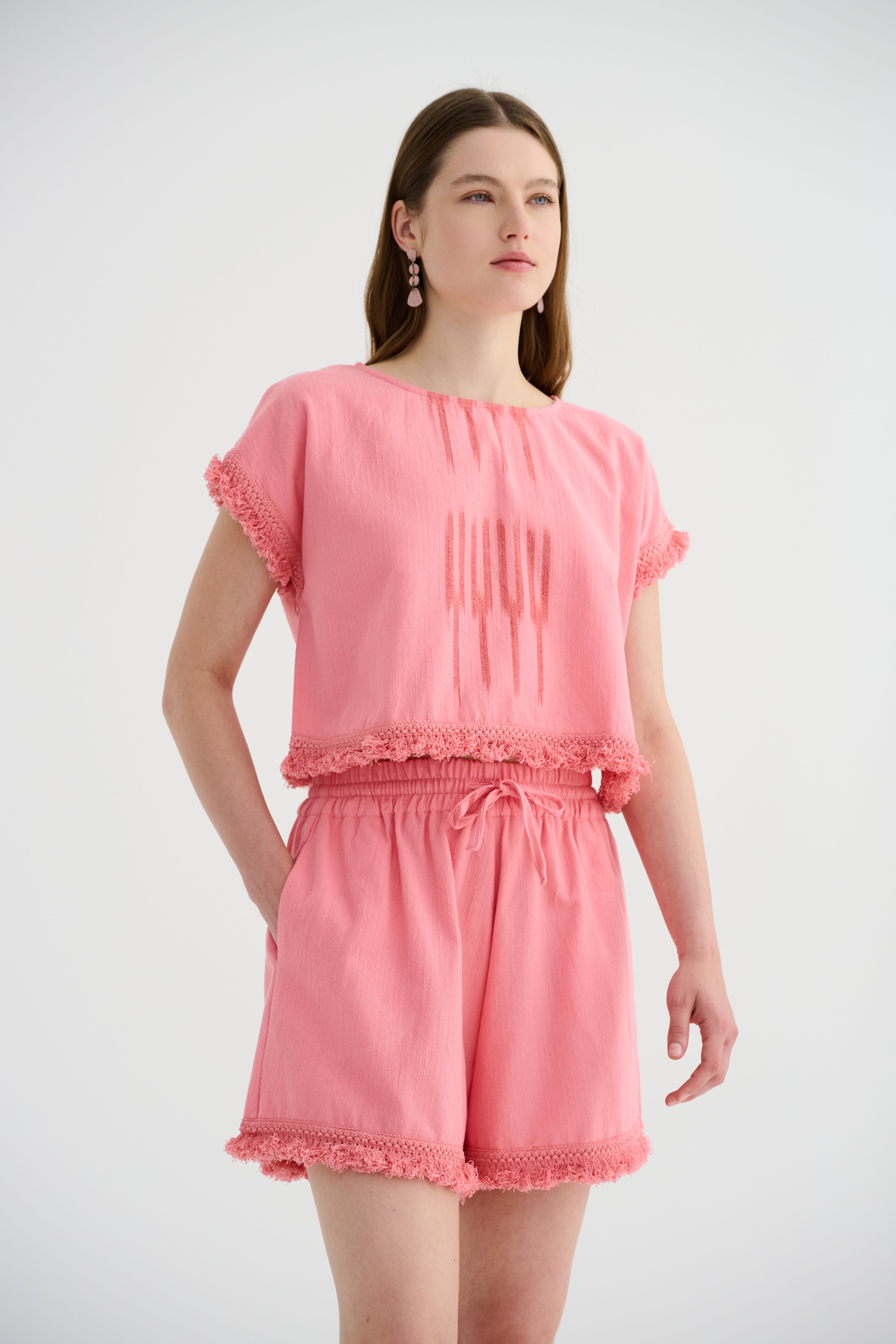 Peştemal Kısa Kollu Pembe Bluz