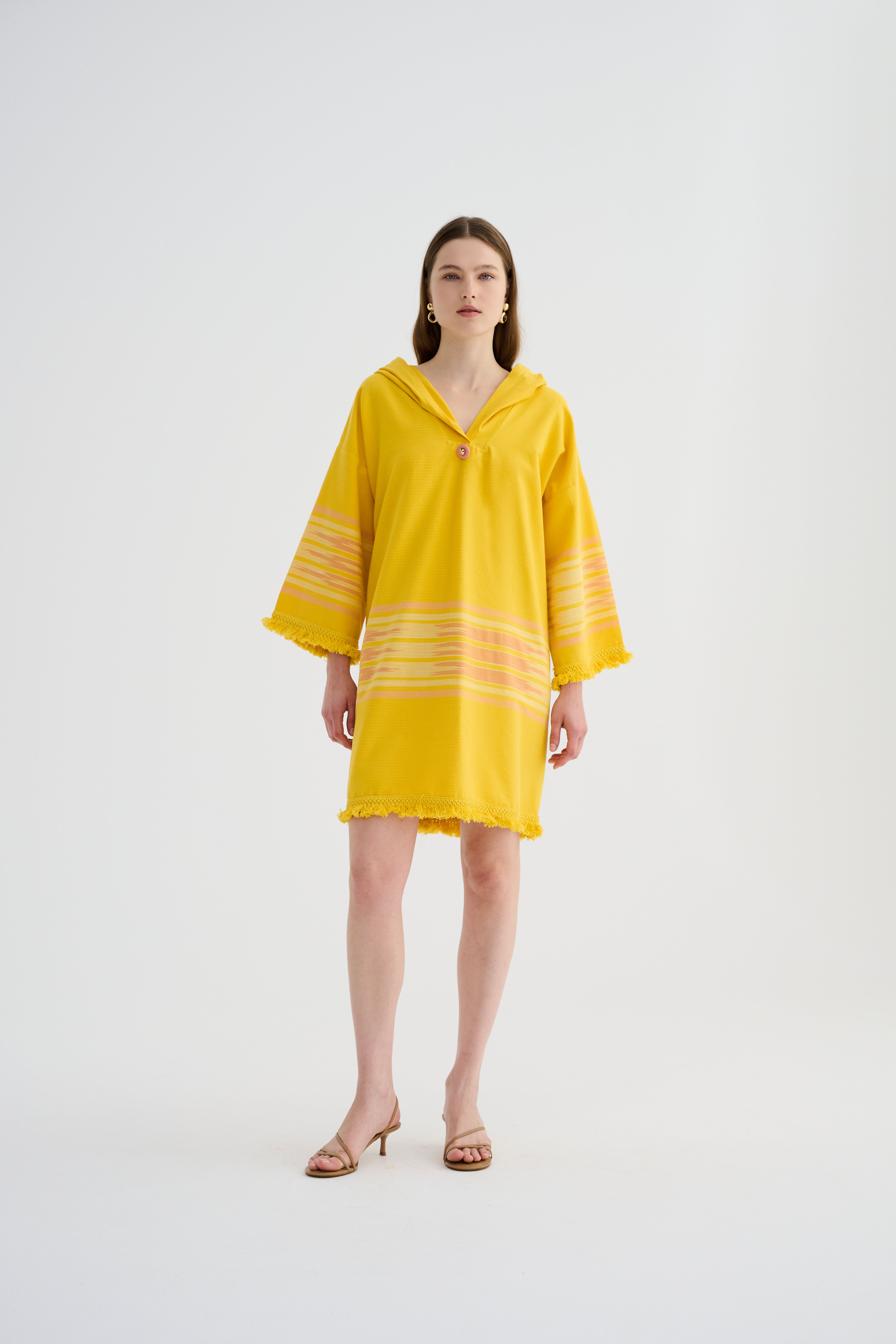 Kapüşonlu Peştemal Mini Sarı Elbise