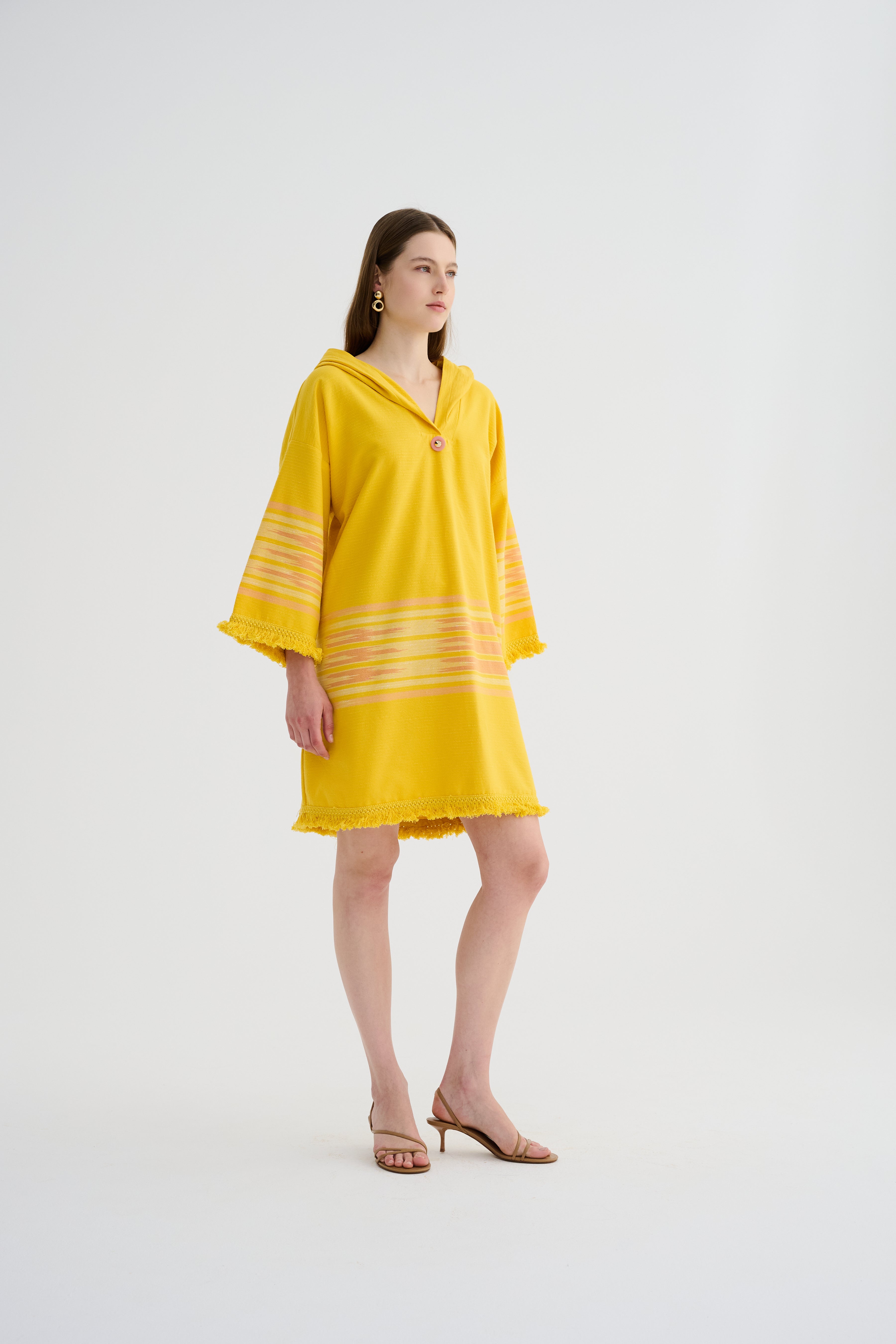 Kapüşonlu Peştemal Mini Sarı Elbise