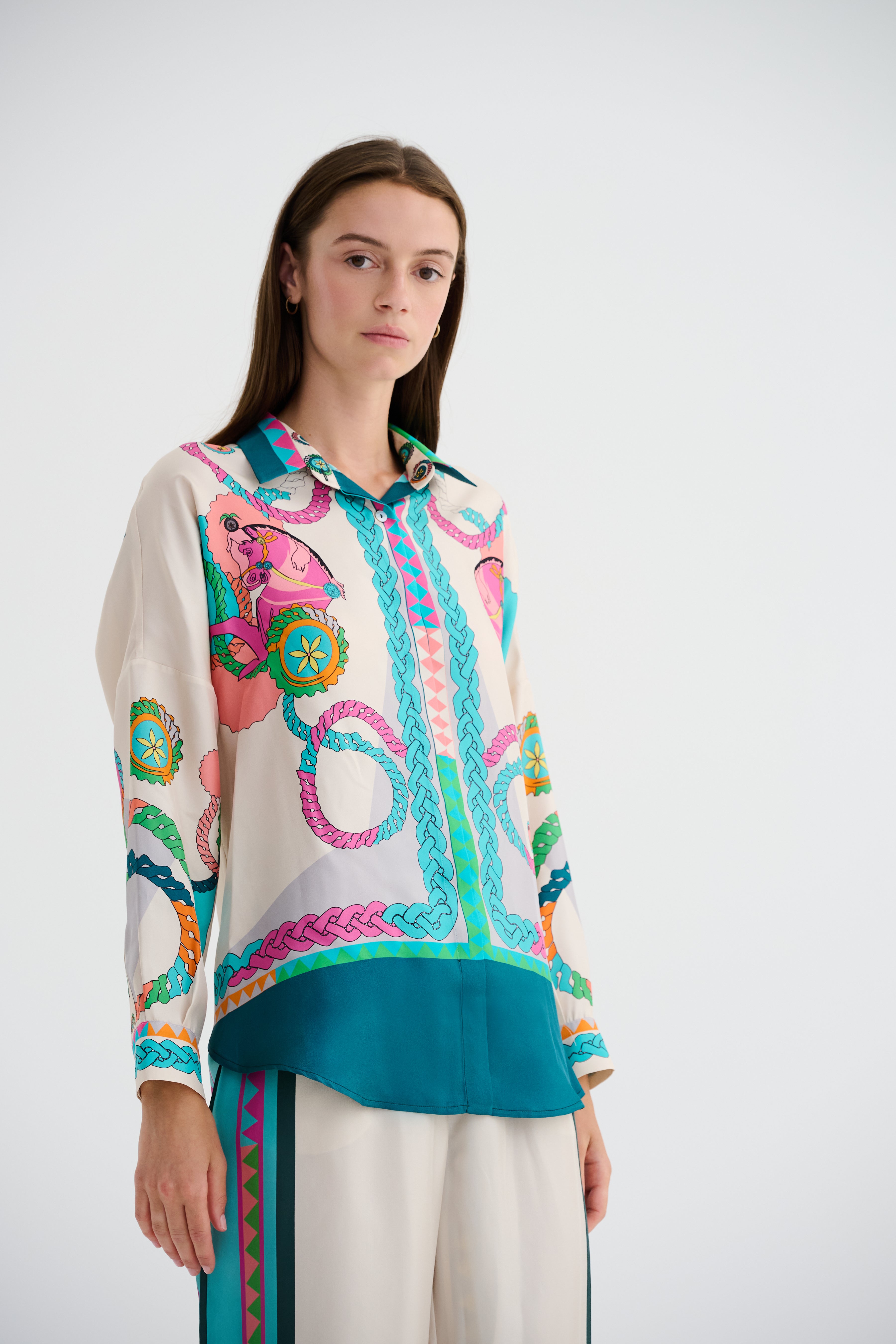 Zeugma Desenli Oversize İpek Gömlek