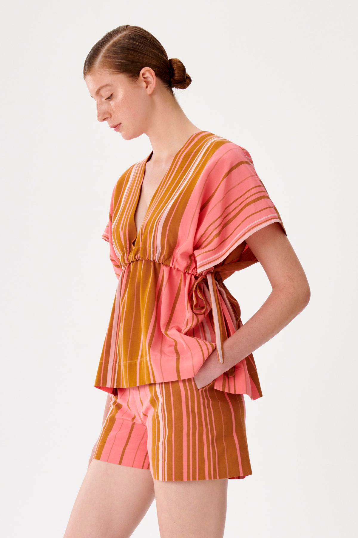 Smocked Waist Detailed Pink-Brown Kutnu Blouse