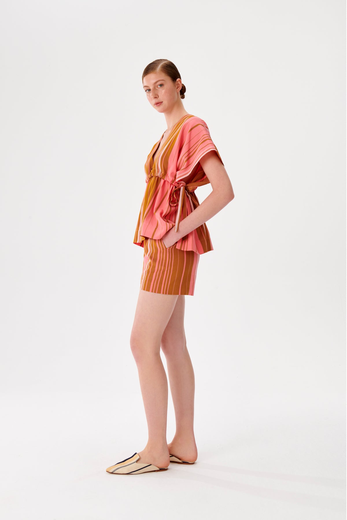 Smocked Waist Detailed Pink-Brown Kutnu Blouse