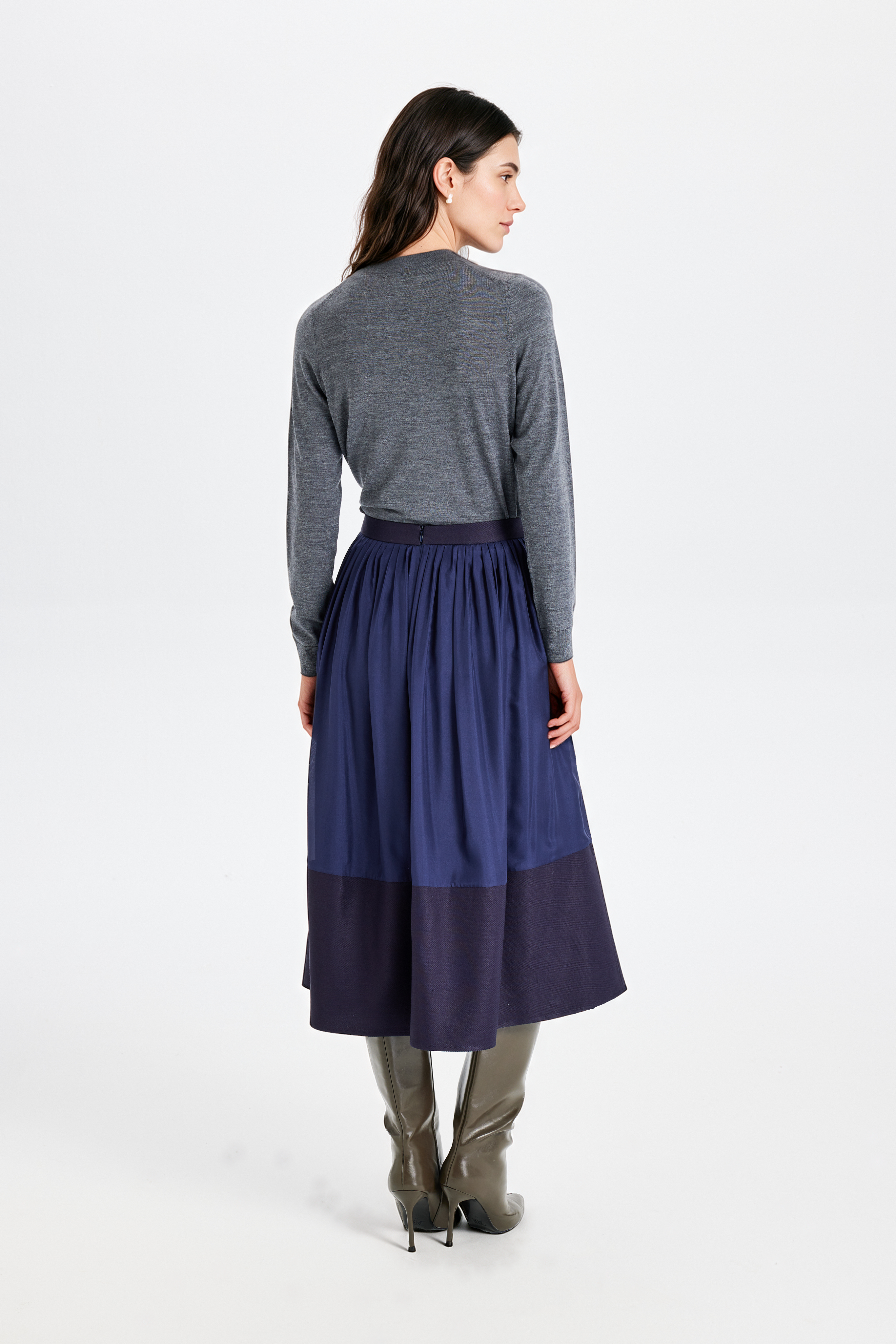 Silk Midi Skirt with Kutnu Details in Navy Blue