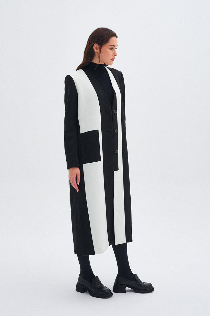 V-Neck Black and White Stash Coat
