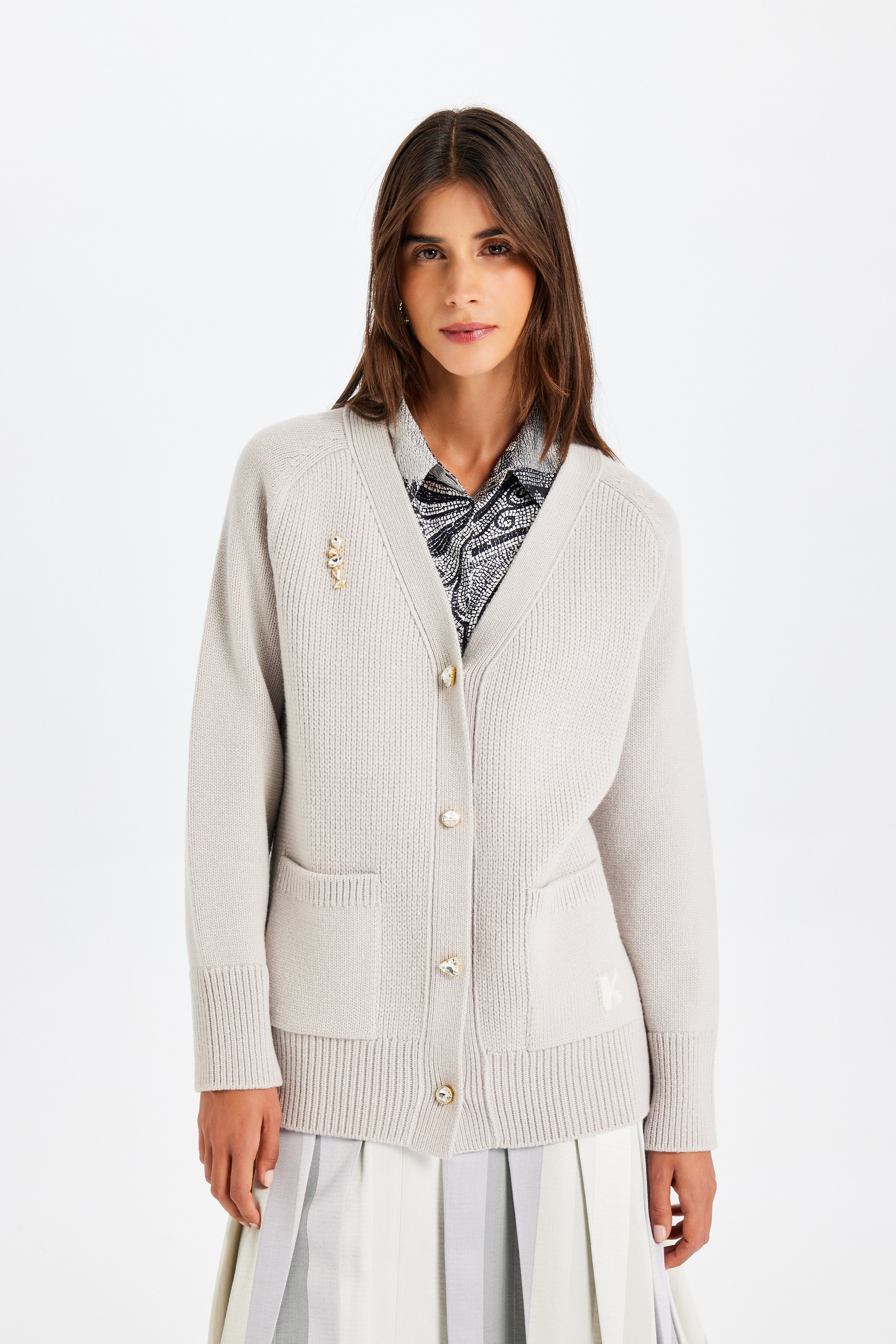 Taş İşlemeli Gri Triko Ceket