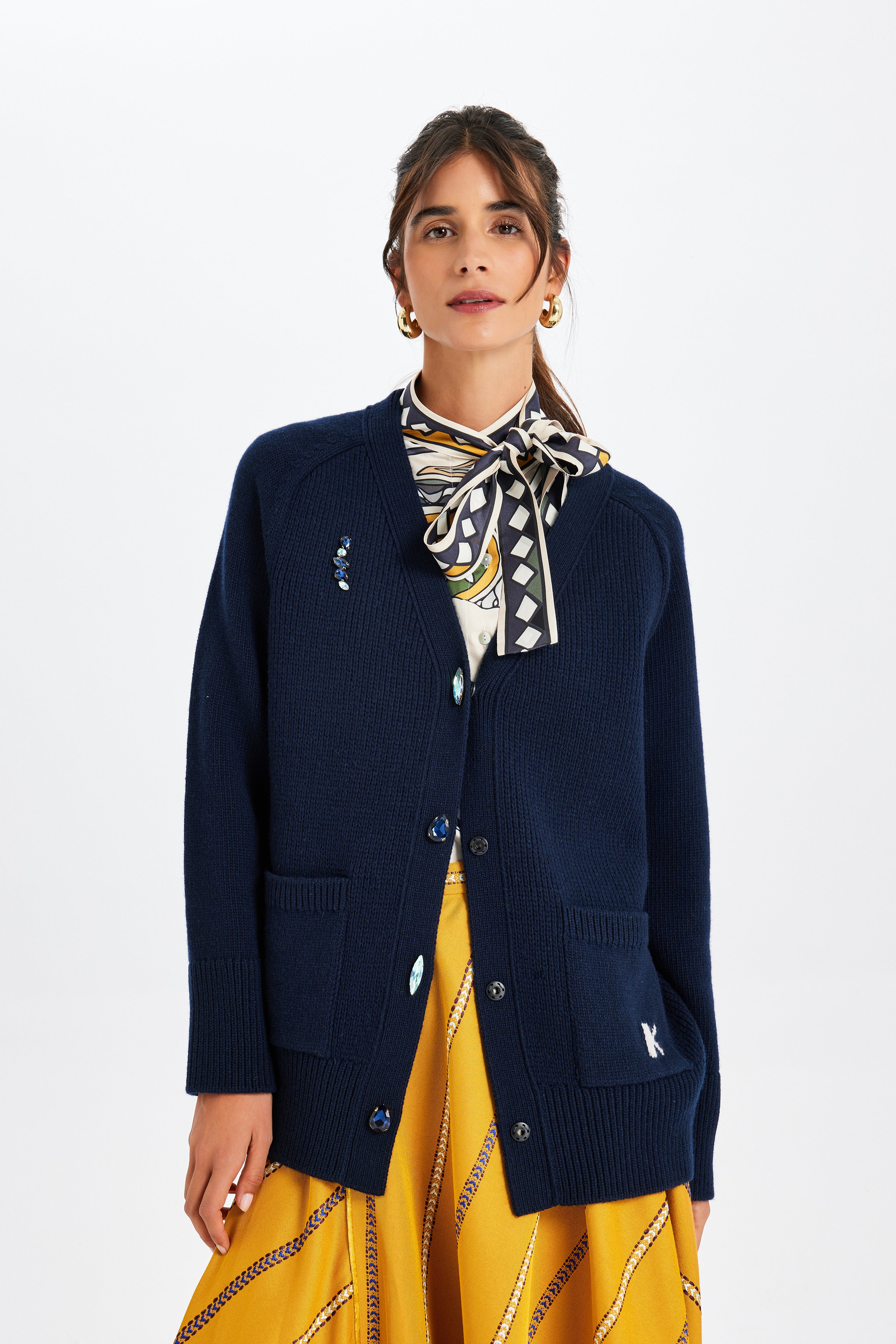 Taş İşlemeli Lacivert Triko Ceket