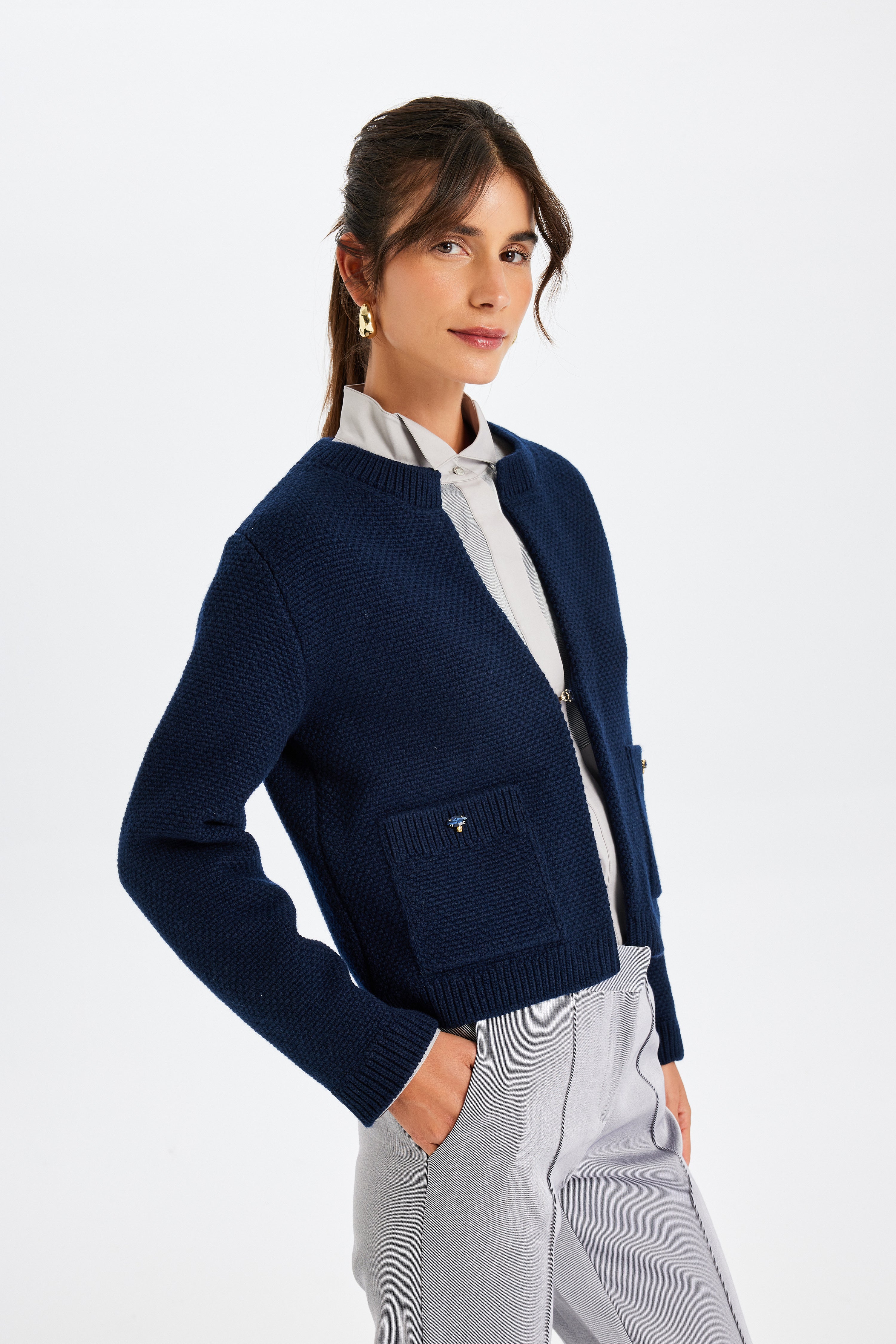 Taş İşlemeli Lacivert Triko Ceket