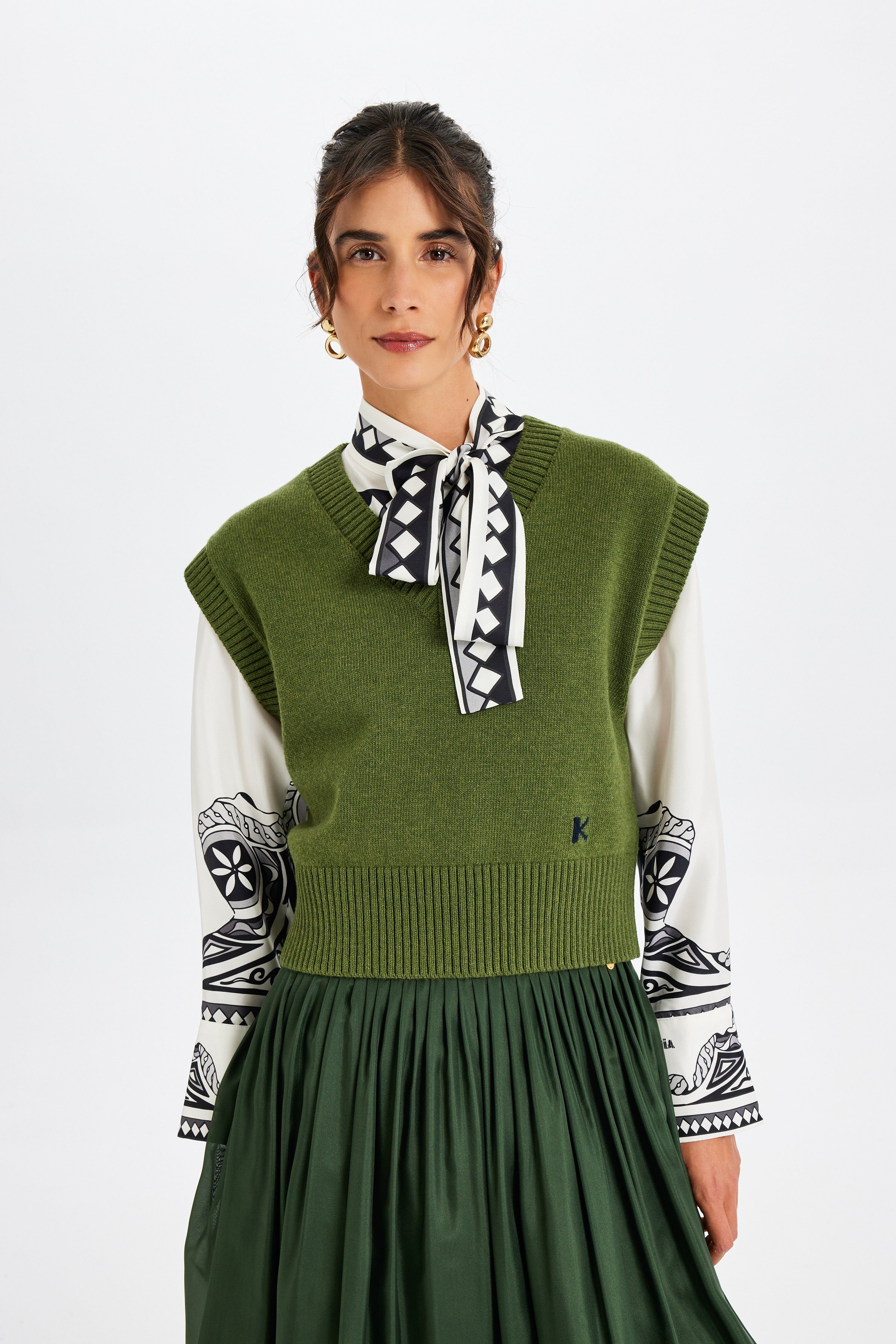 V Yaka Yeşil Triko Yelek