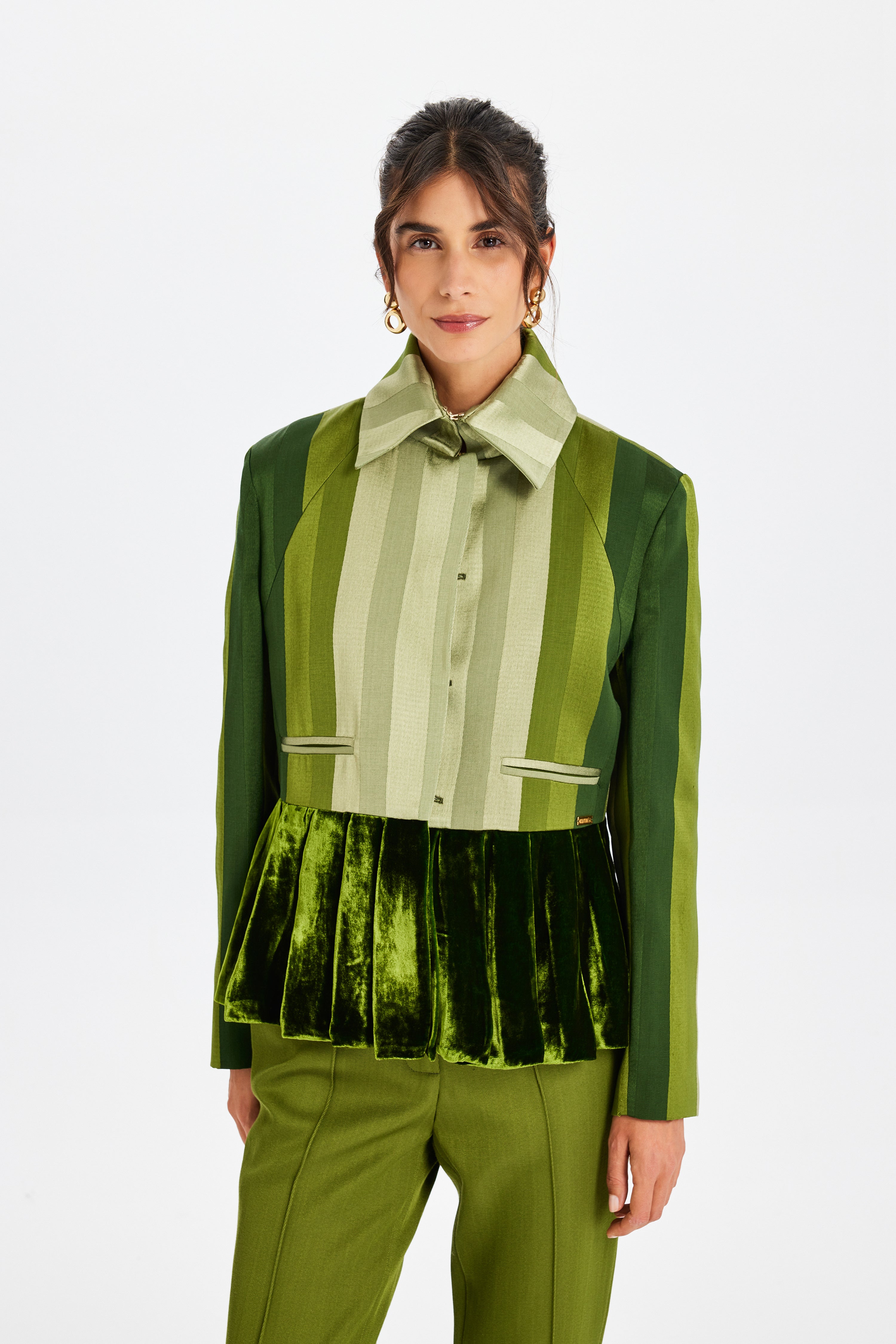 Kadife Pile Detaylı Yeşil Kutnu Ceket