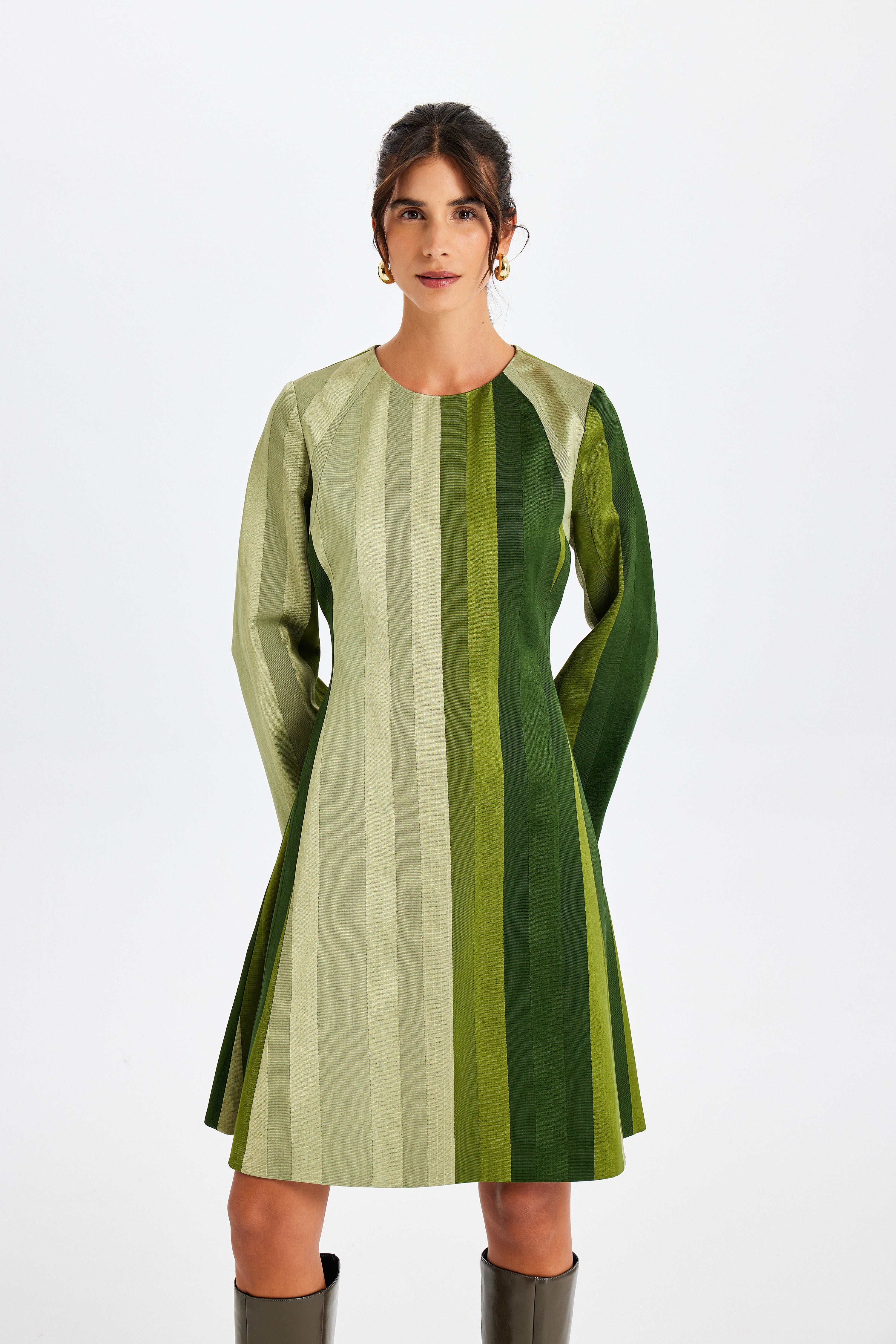 Kutnu Uzun Kollu Mini Yeşil Elbise