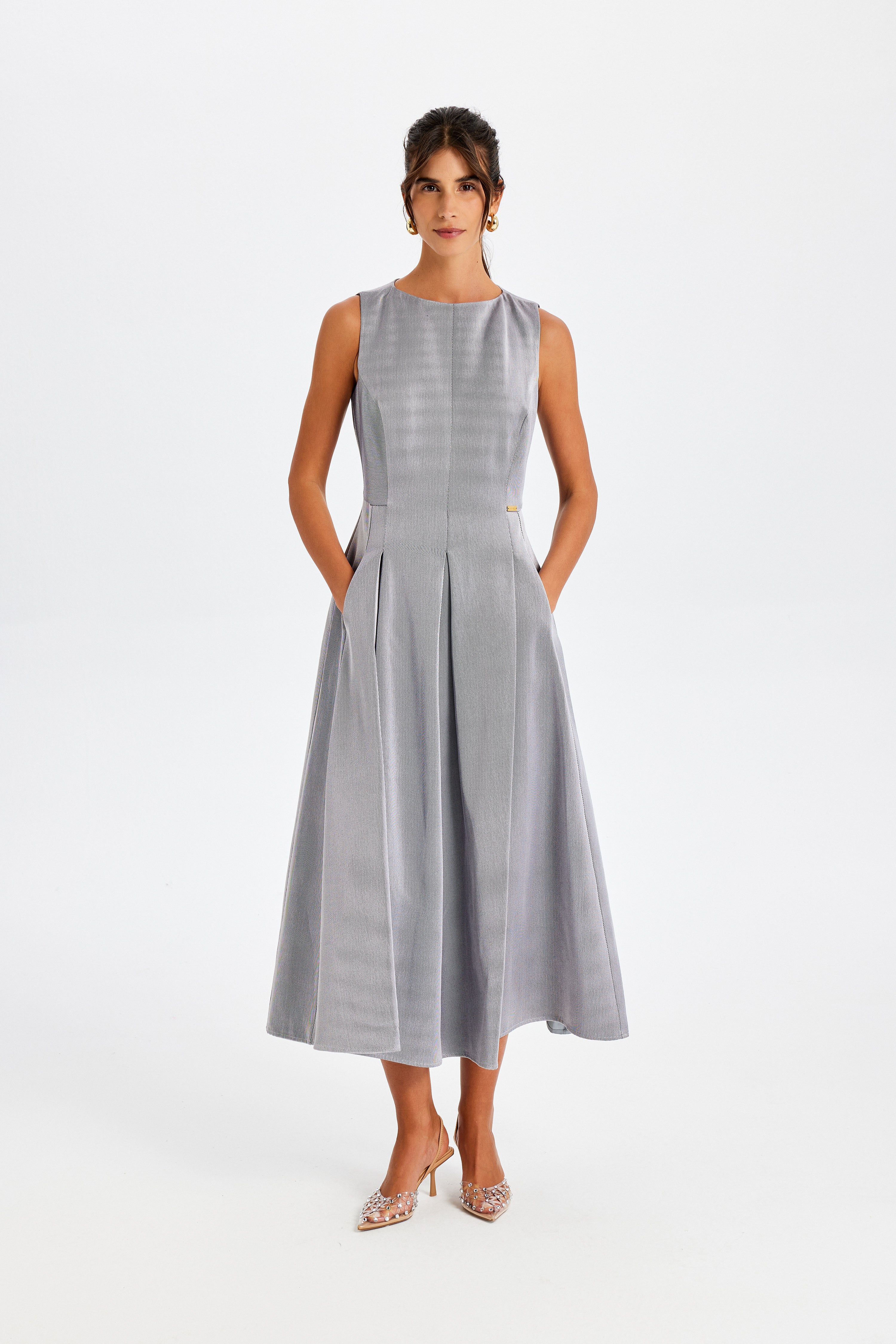 Kutnu Kolsuz Gri Uzun Elbise