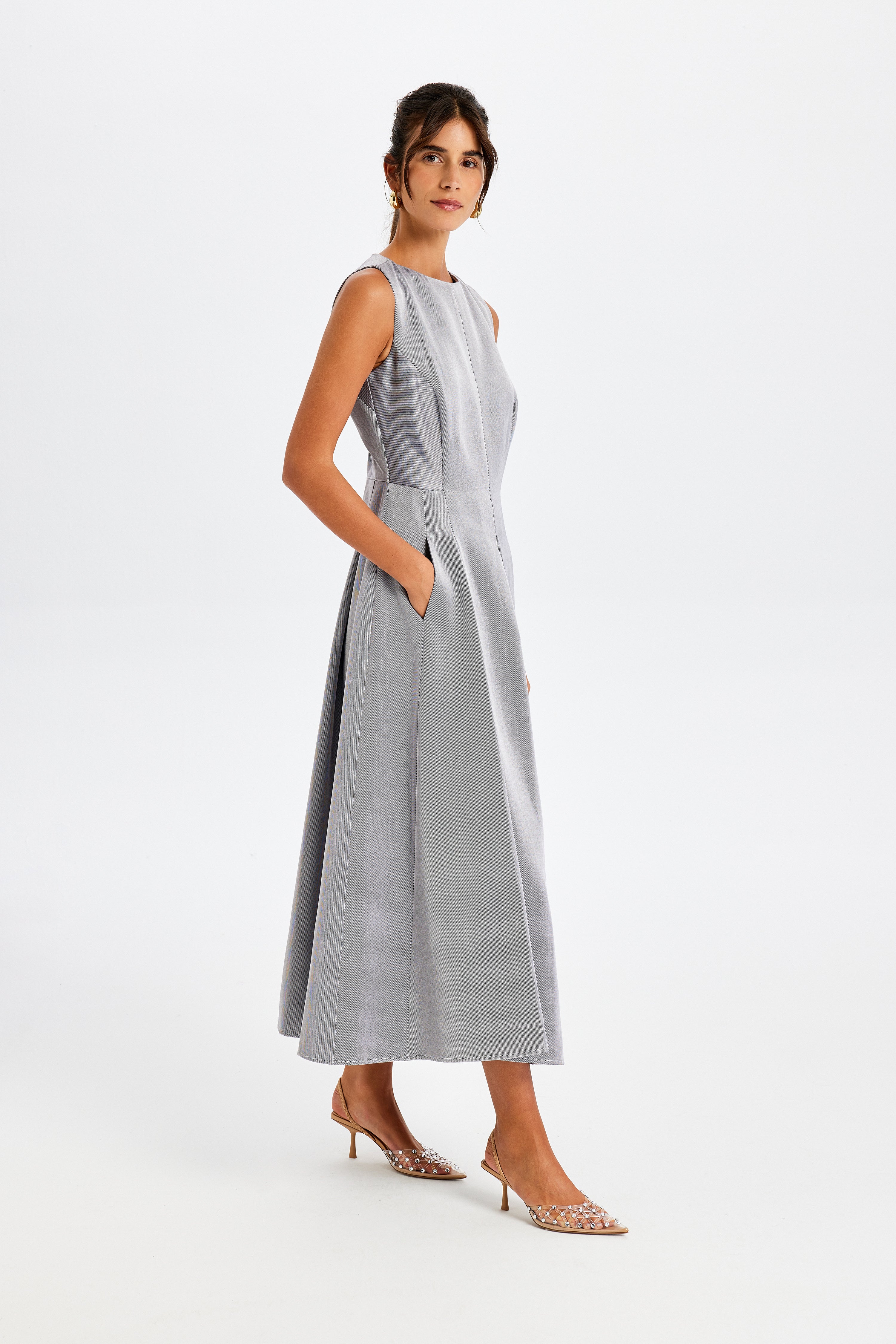 Kutnu Kolsuz Gri Uzun Elbise