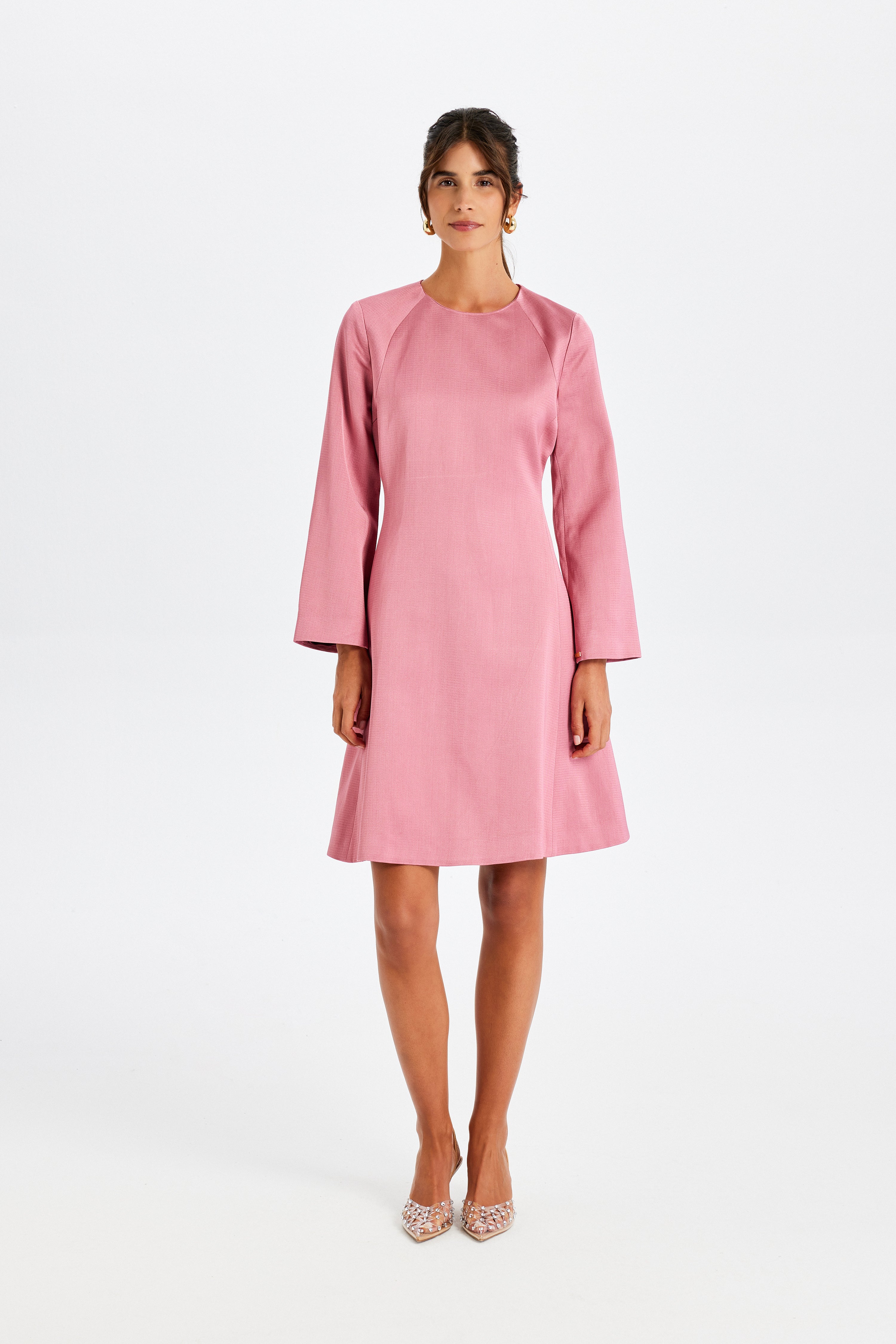 Kutnu Uzun Kollu Mini Koyu Pembe Elbise