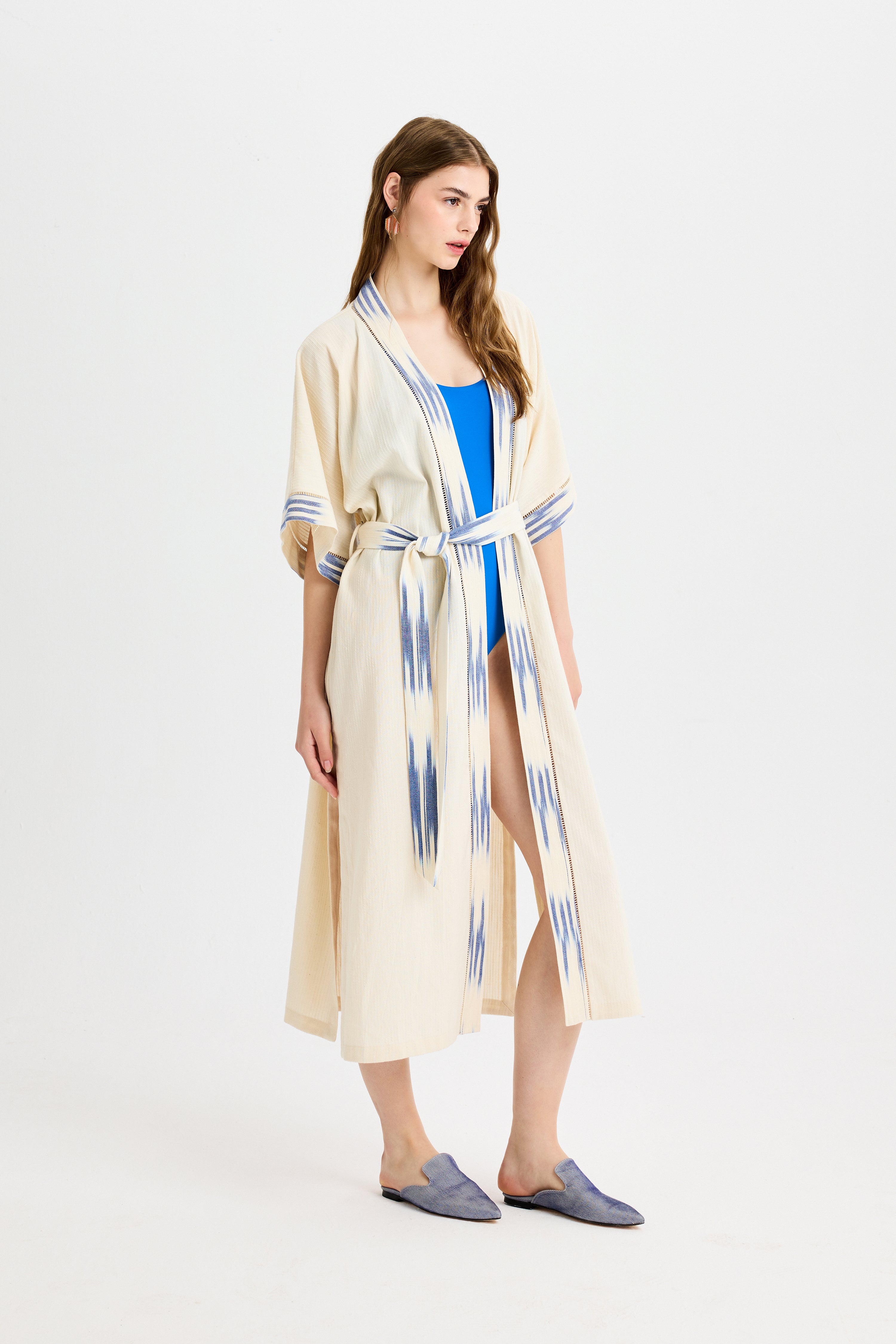 Mavi Bağlama Detaylı Uzun Peştemal Kimono