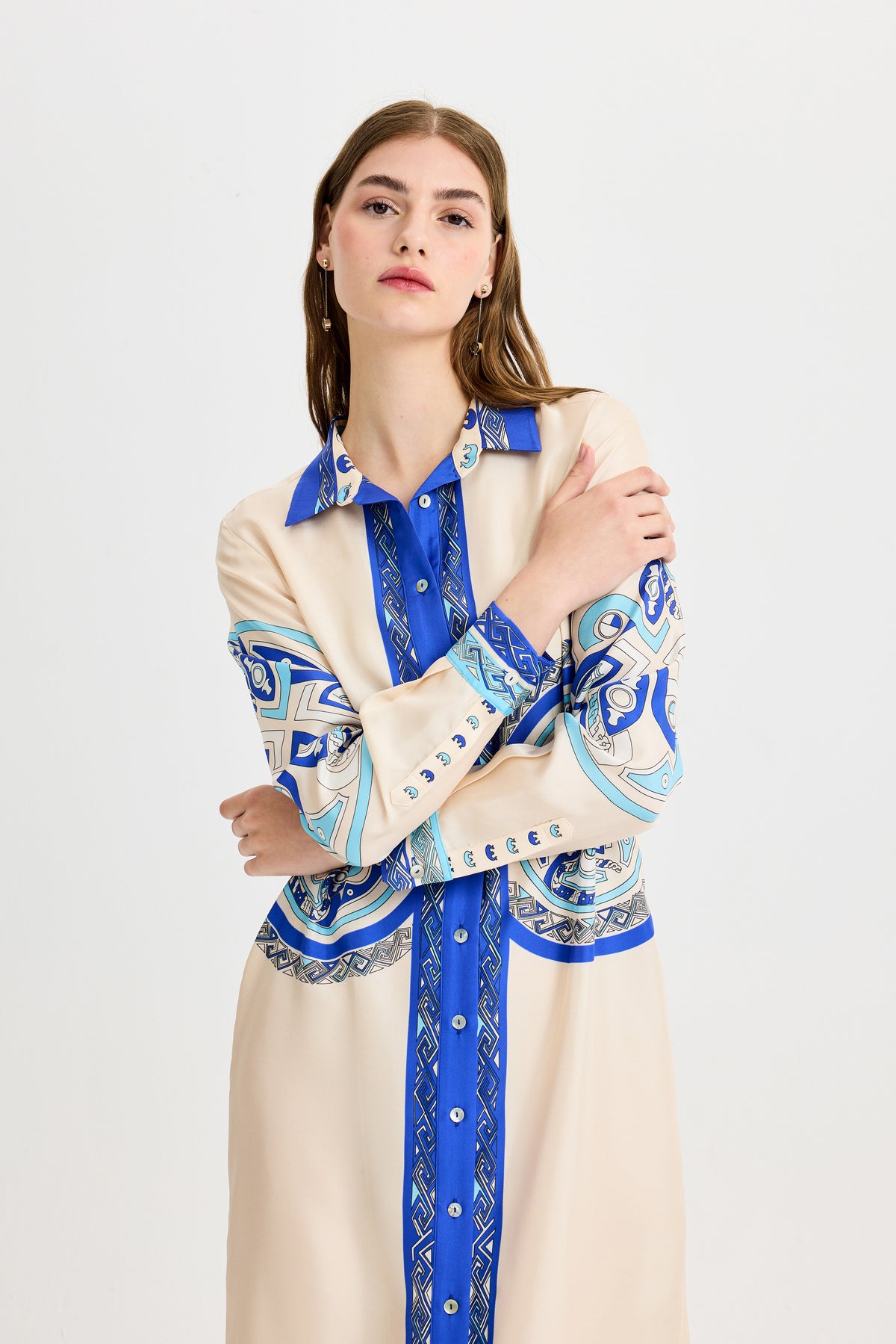 Blue Zeugma Long Silk Shirt Dress