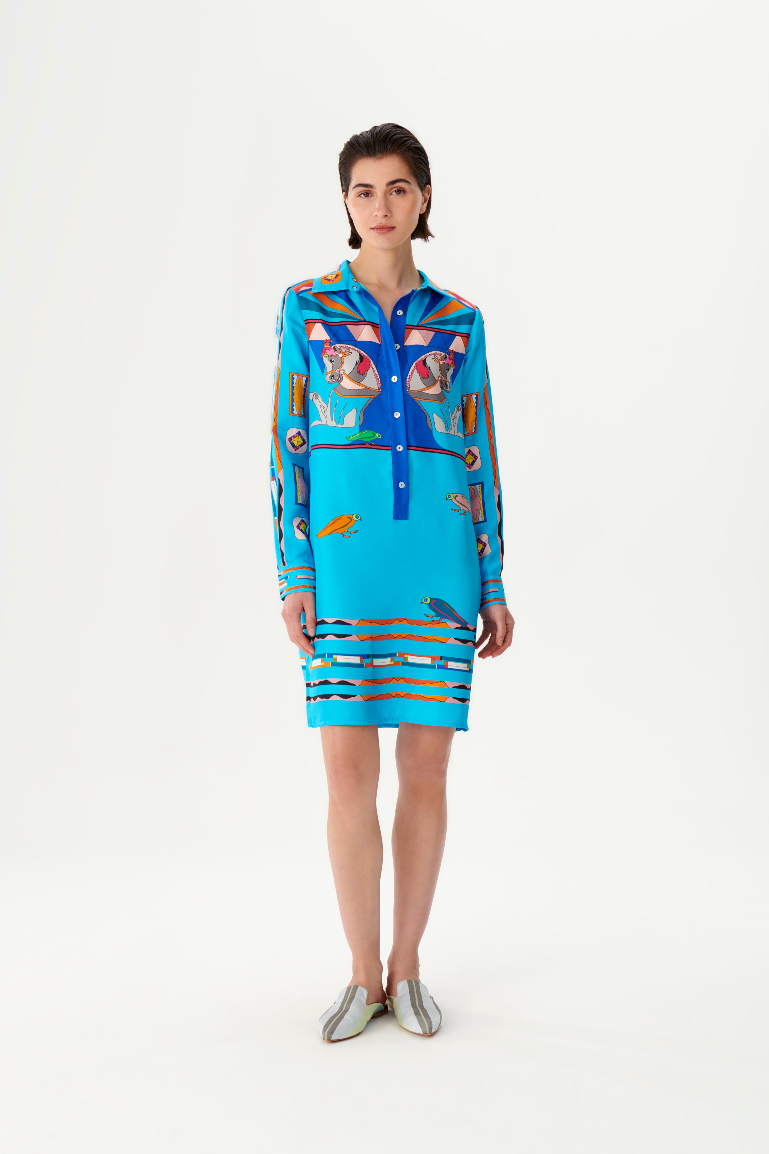 Zeugma Atlar Desenli Kısa İpek Gömlek Elbise