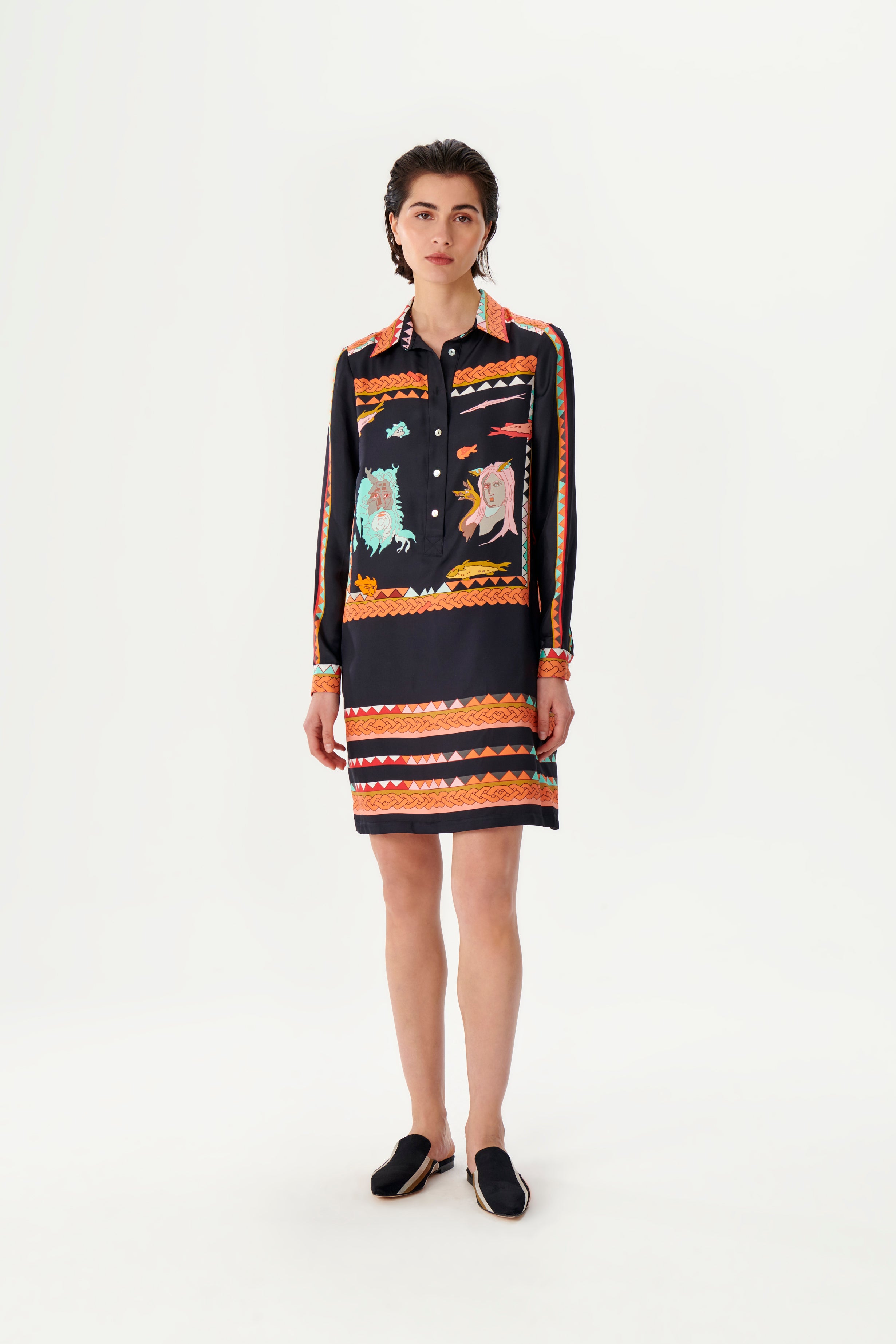 Zeugma Yüzler Desenli Kısa İpek Gömlek Elbise