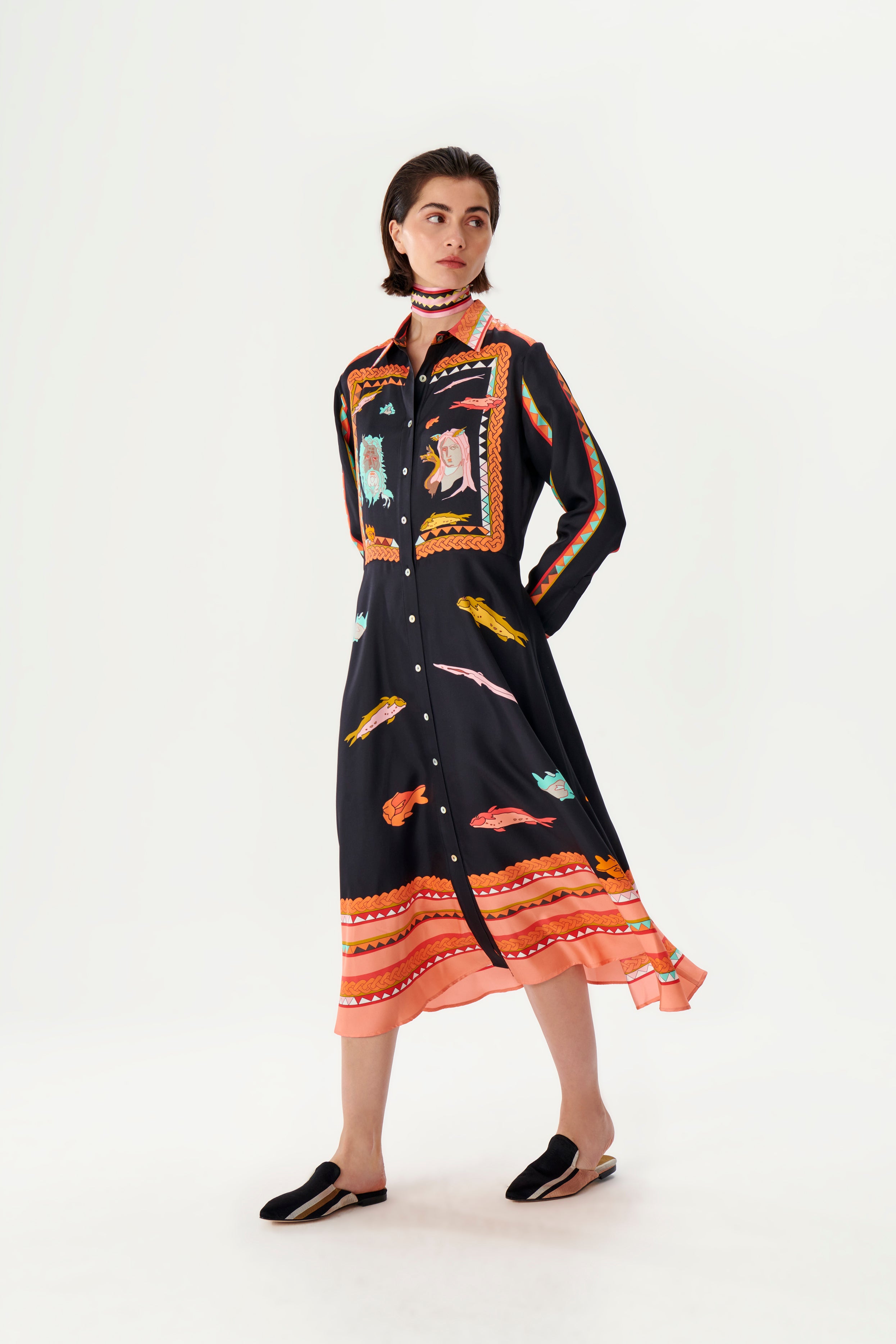 Zeugma Yüzler Desenli Uzun İpek Elbise