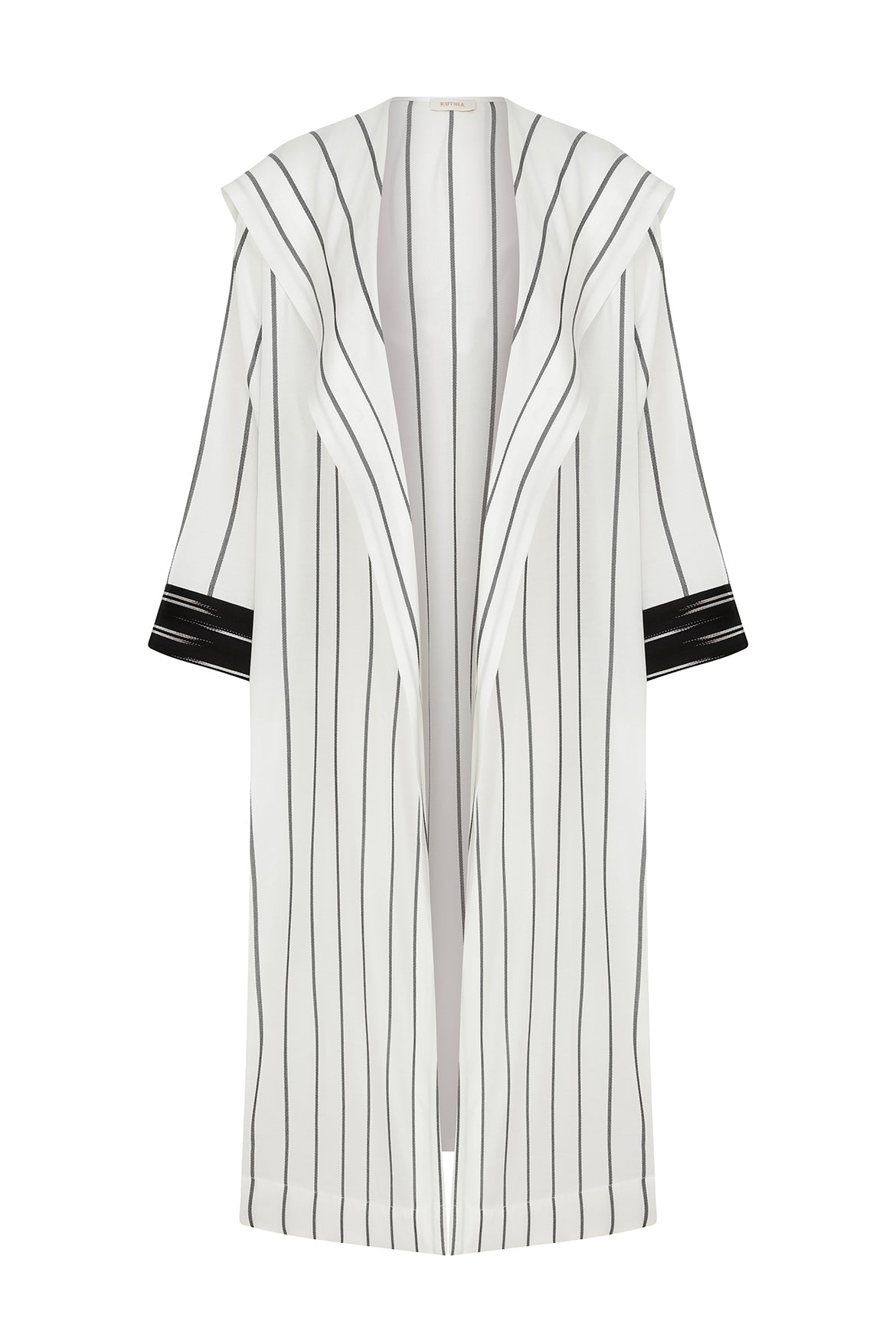 Kapşonlu Siyah Beyaz Çizgili Kimono