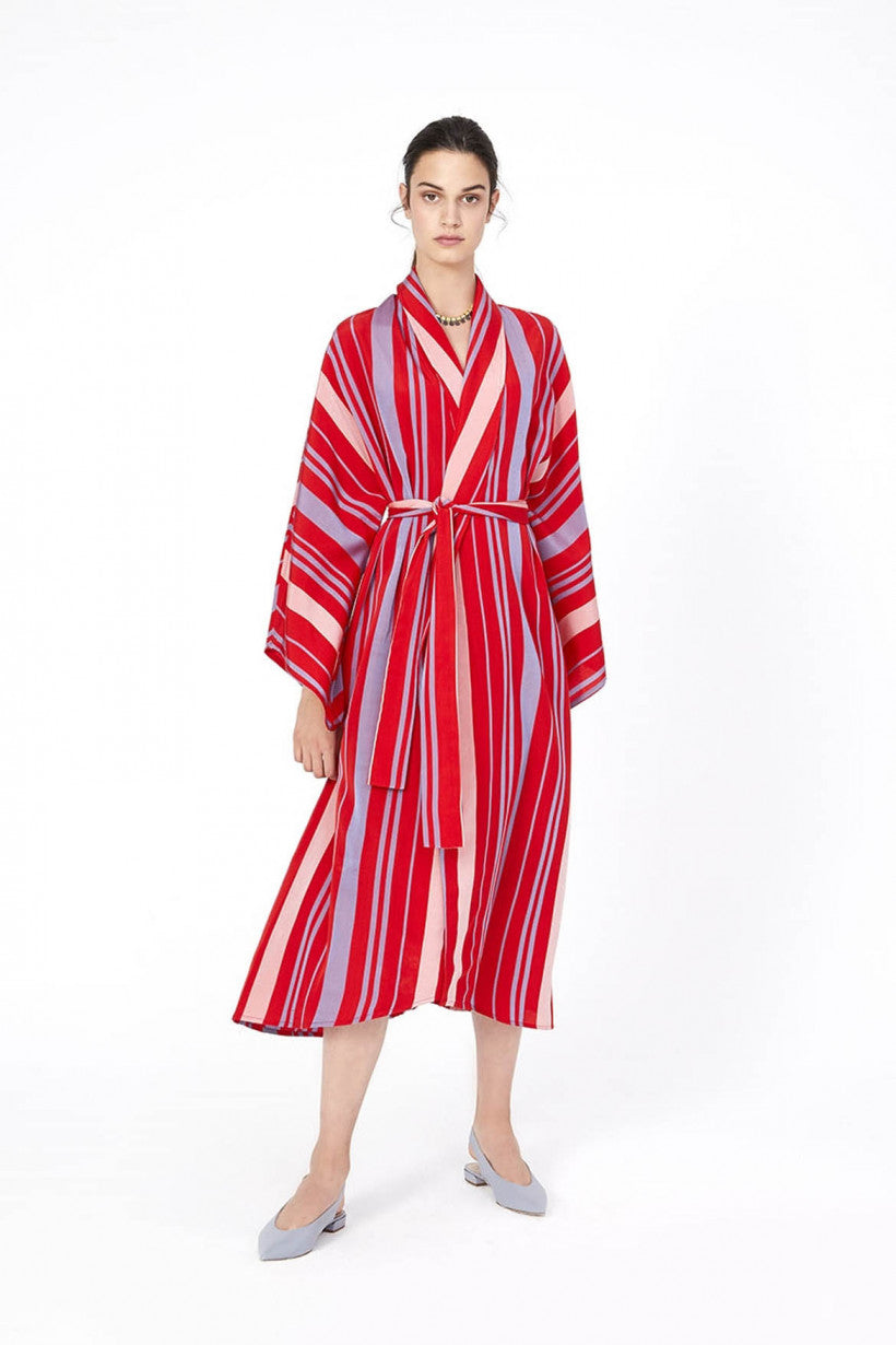 Şal Yaka Mavi Kırmızı Çizgili Kimono