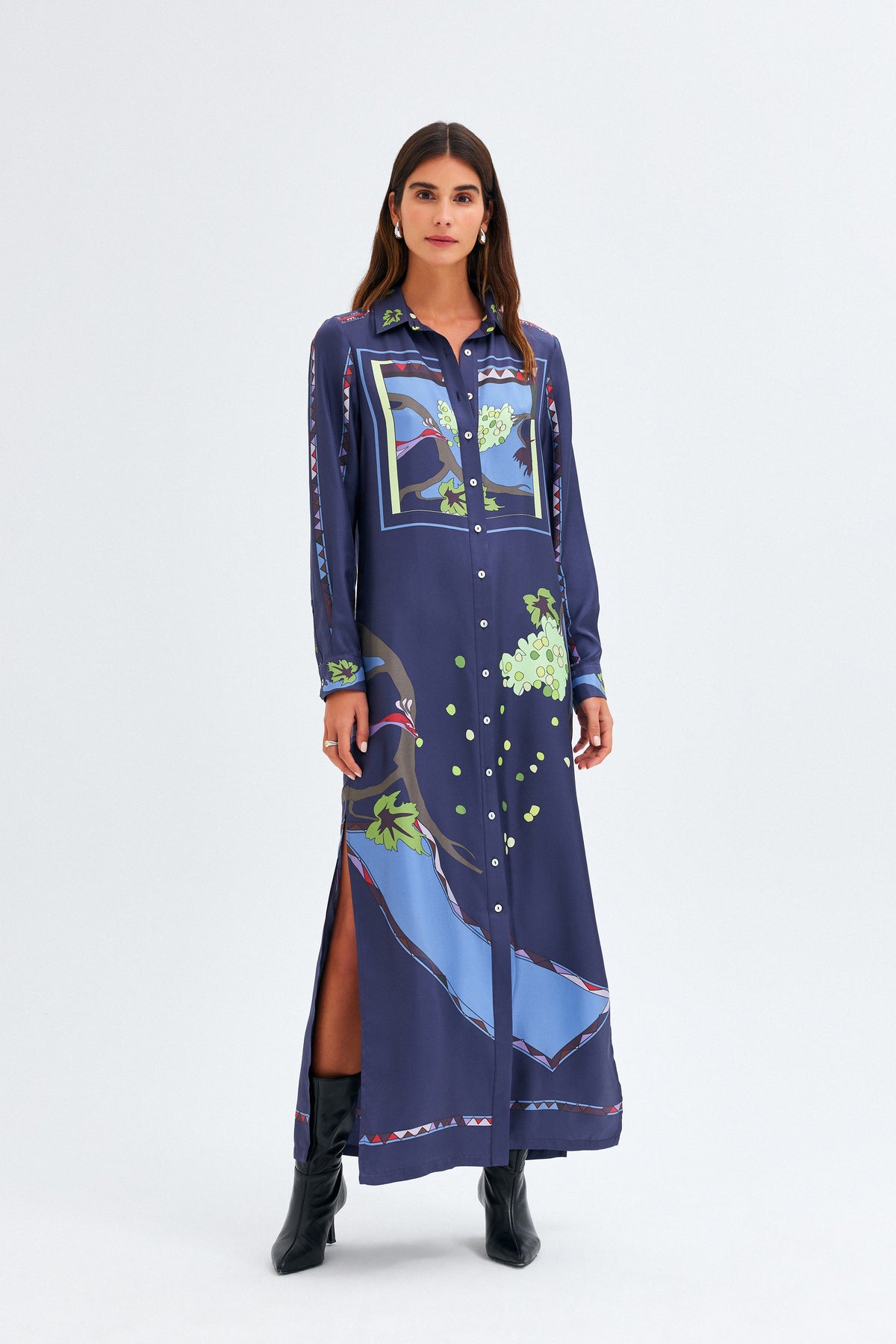 Zeugma Silk Long Shirt Dress - A Bird Eating Grape