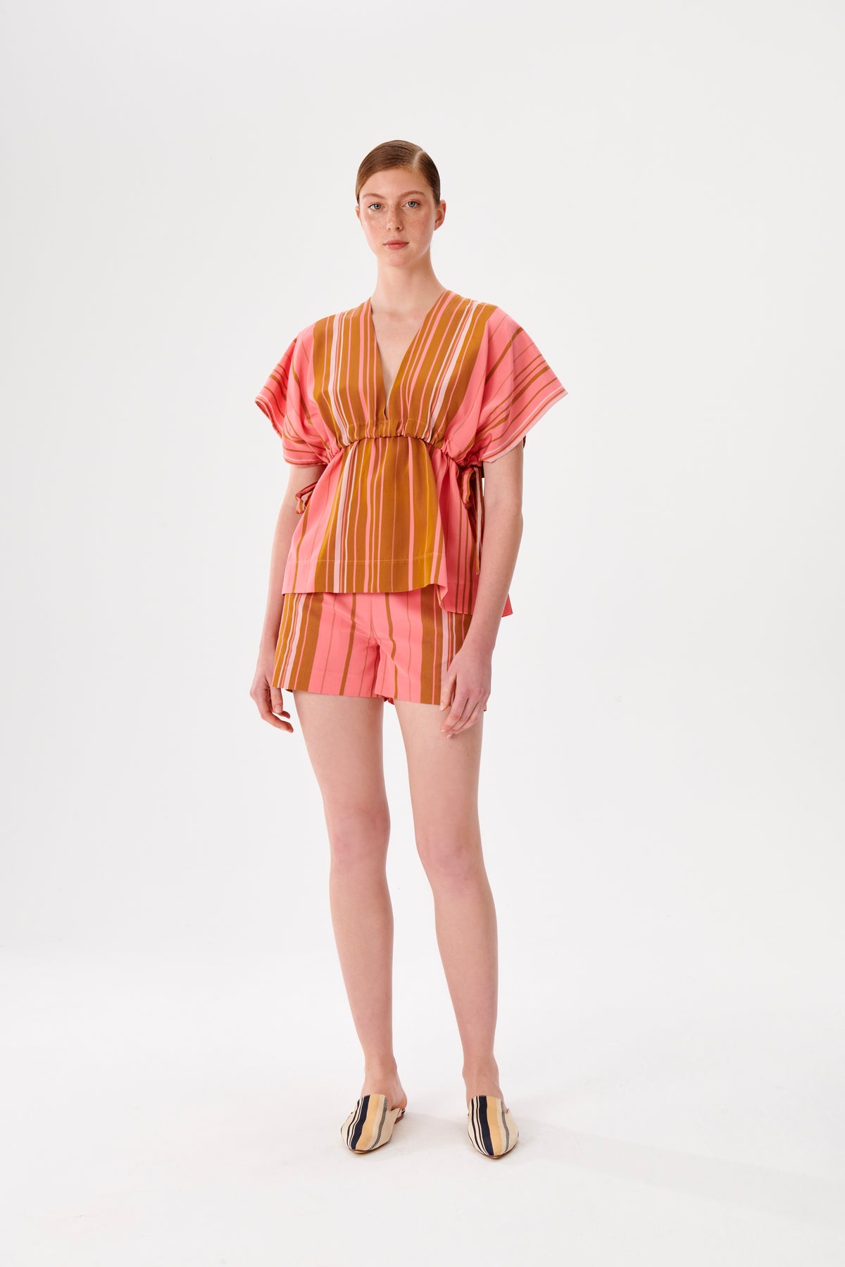 Smocked Waist Detailed Pink-Brown Kutnu Blouse