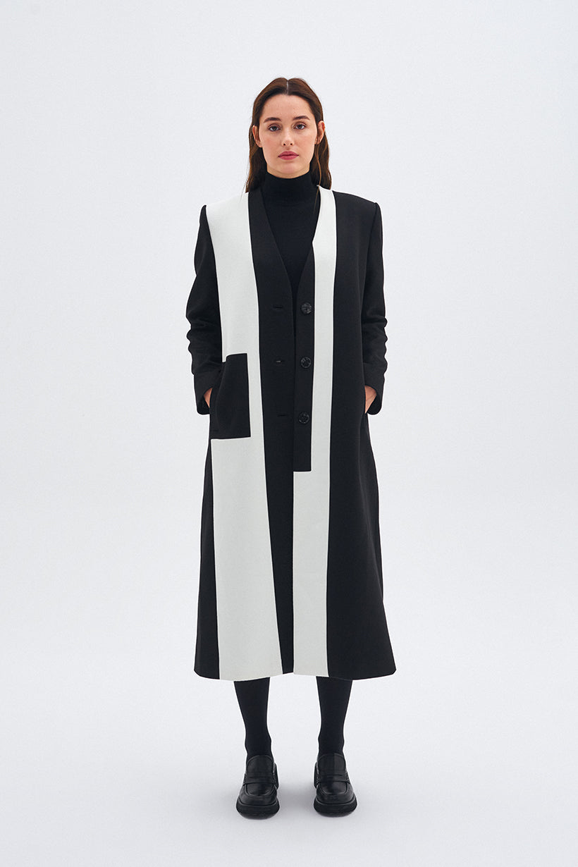V-Neck Black and White Stash Coat 