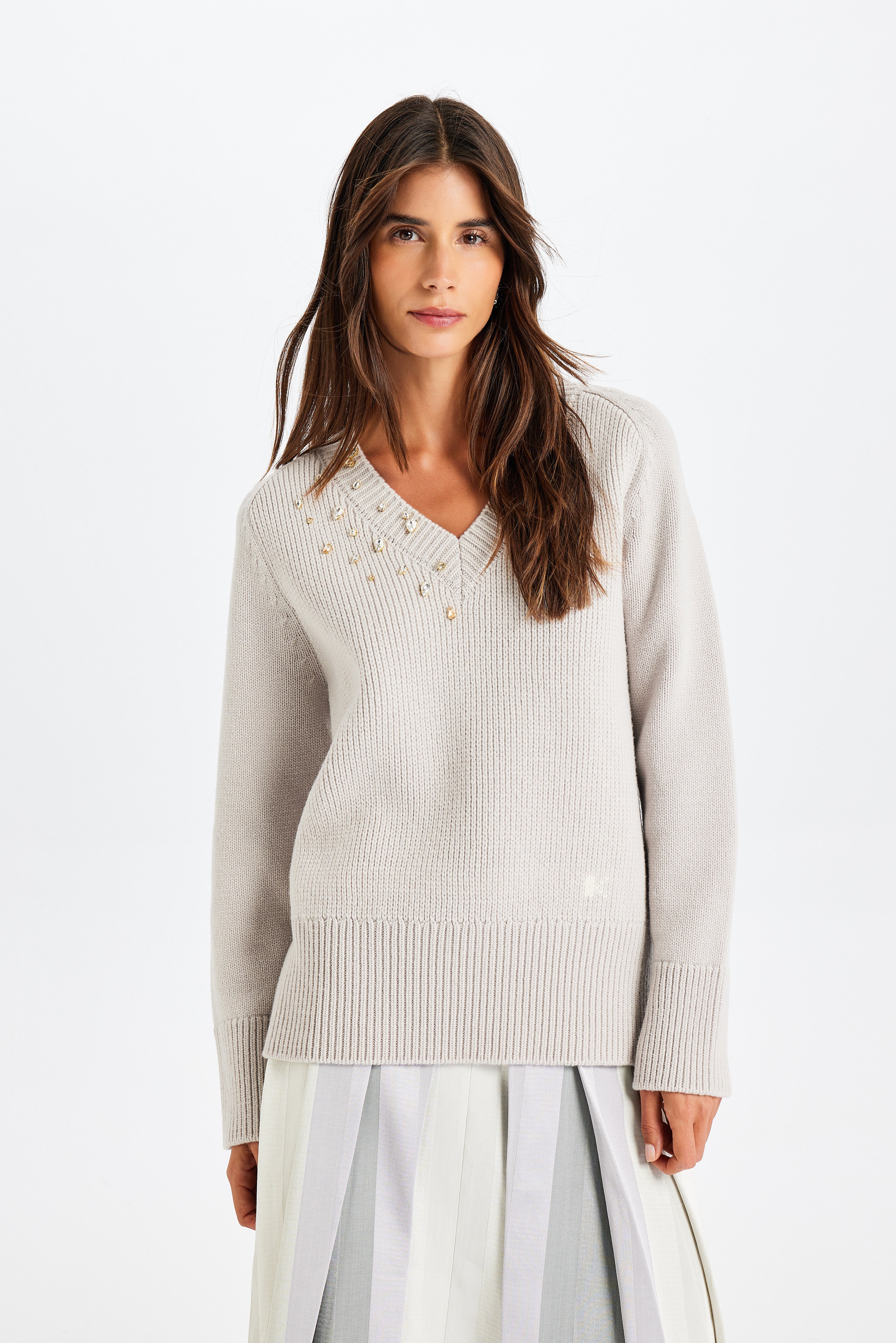 Taş İşlemeli Gri Kazak