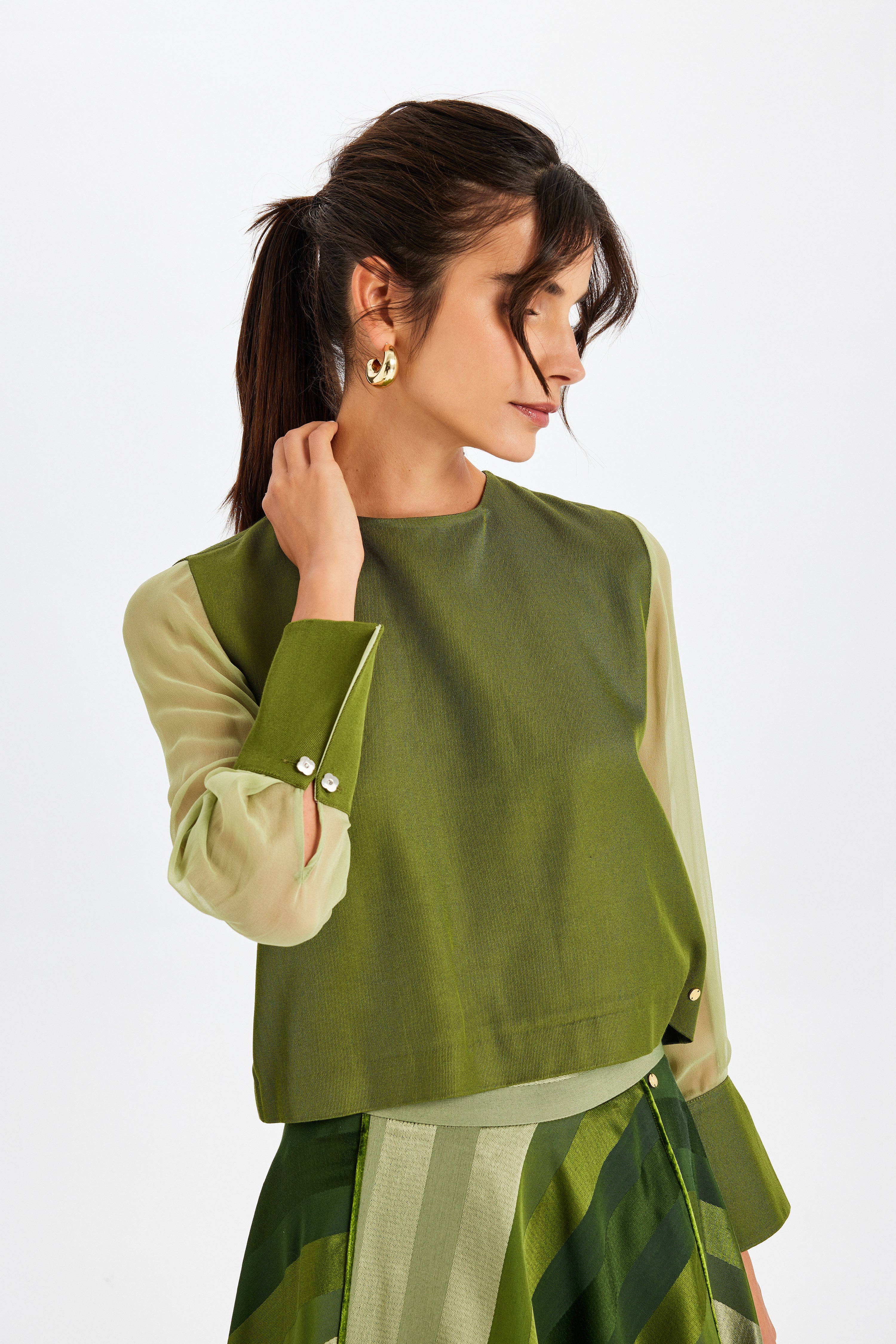 İpek Kol Detaylı Kutnu Kare Bluz