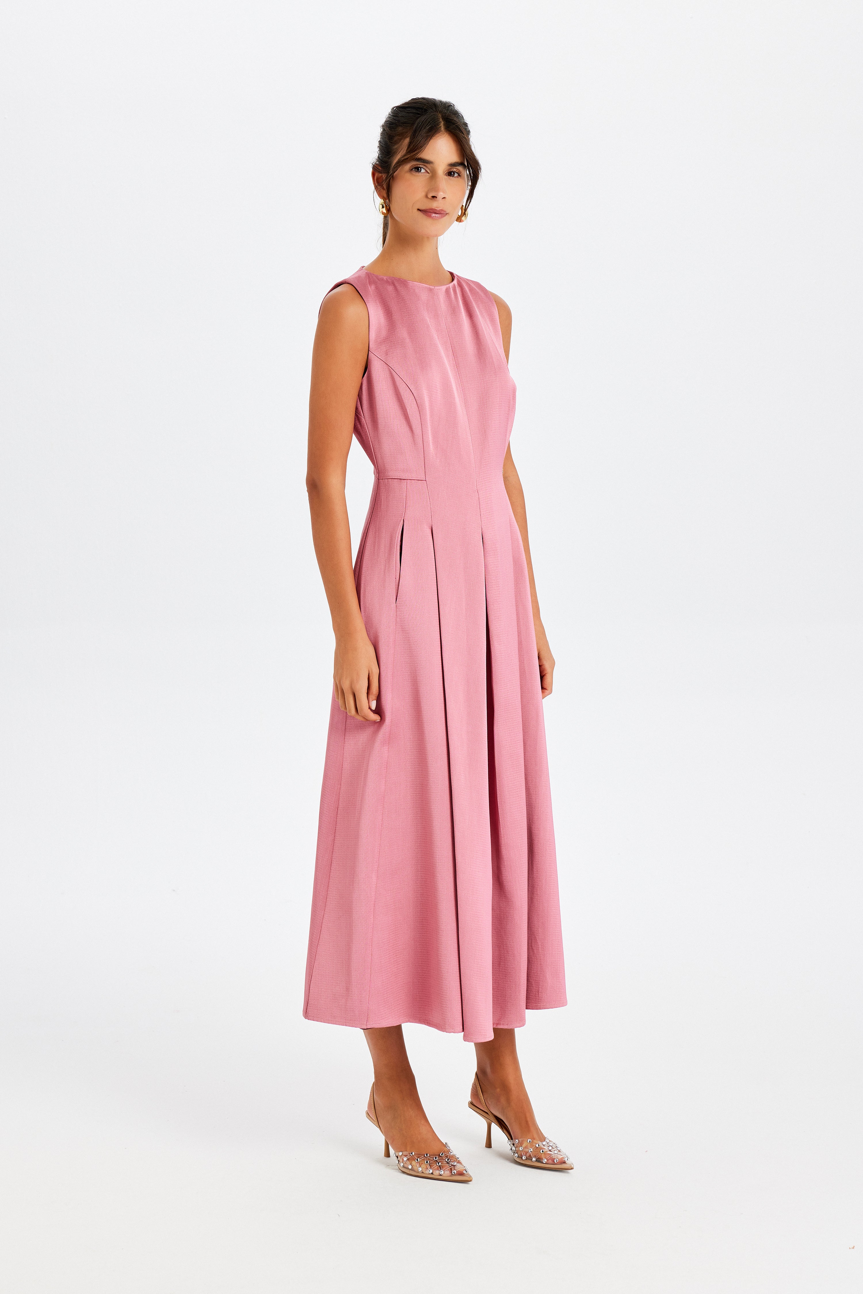 Kutnu Kolsuz Koyu Pembe Uzun Elbise