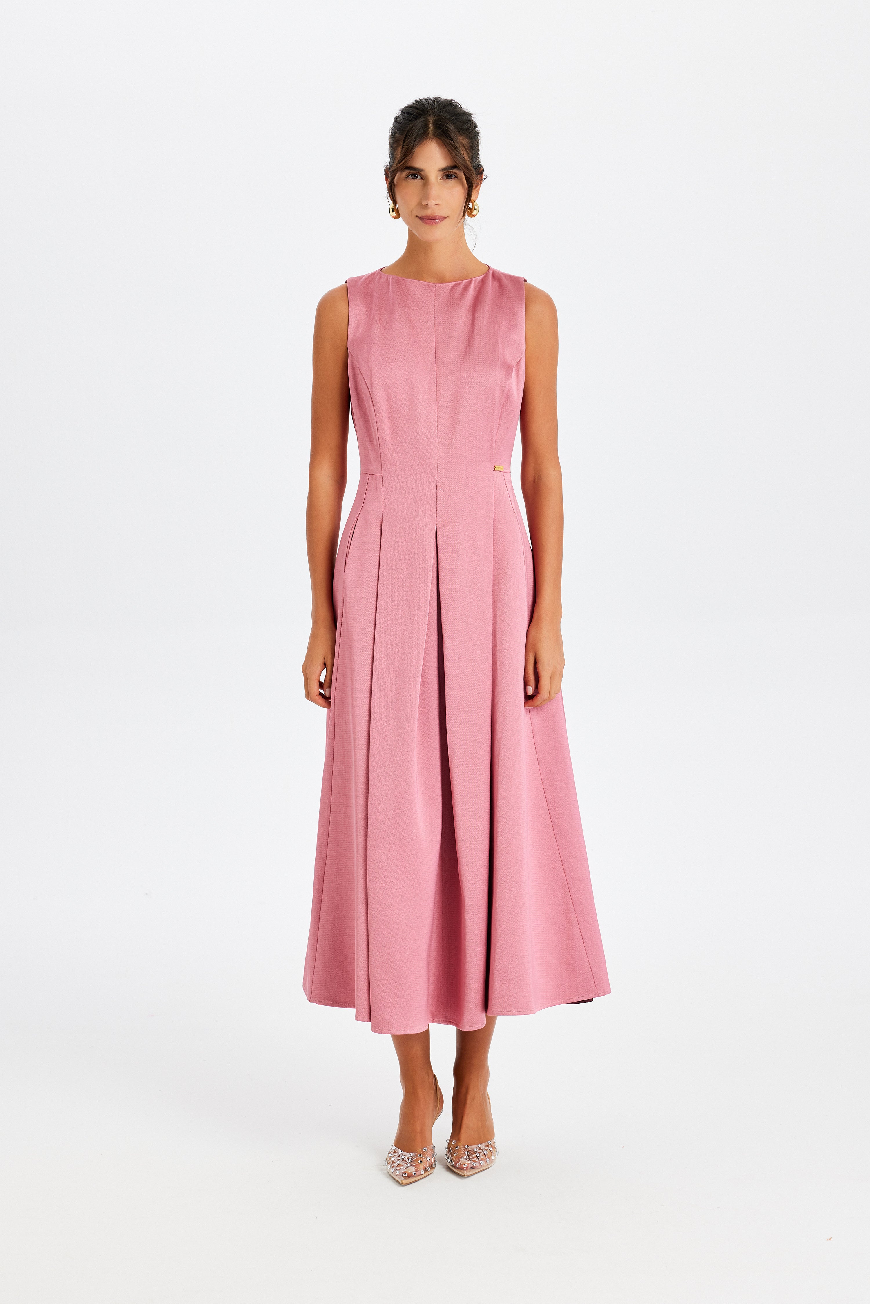 Kutnu Kolsuz Koyu Pembe Uzun Elbise