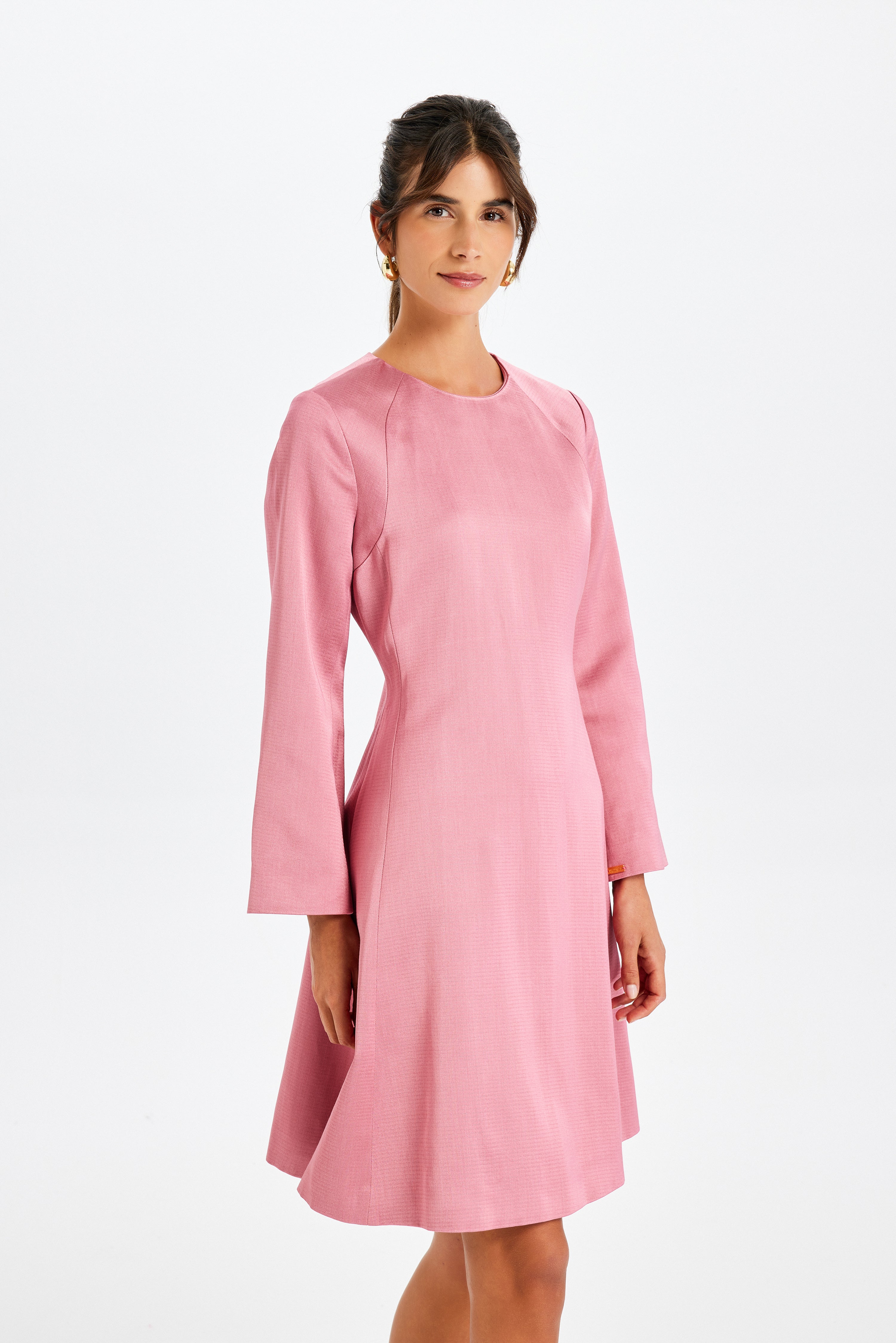 Kutnu Uzun Kollu Mini Koyu Pembe Elbise