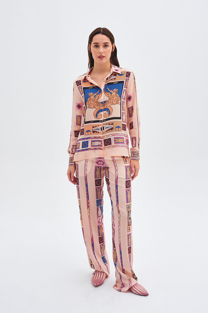 Zeugma Uçan Kaplan Desenli İpek Gömlek