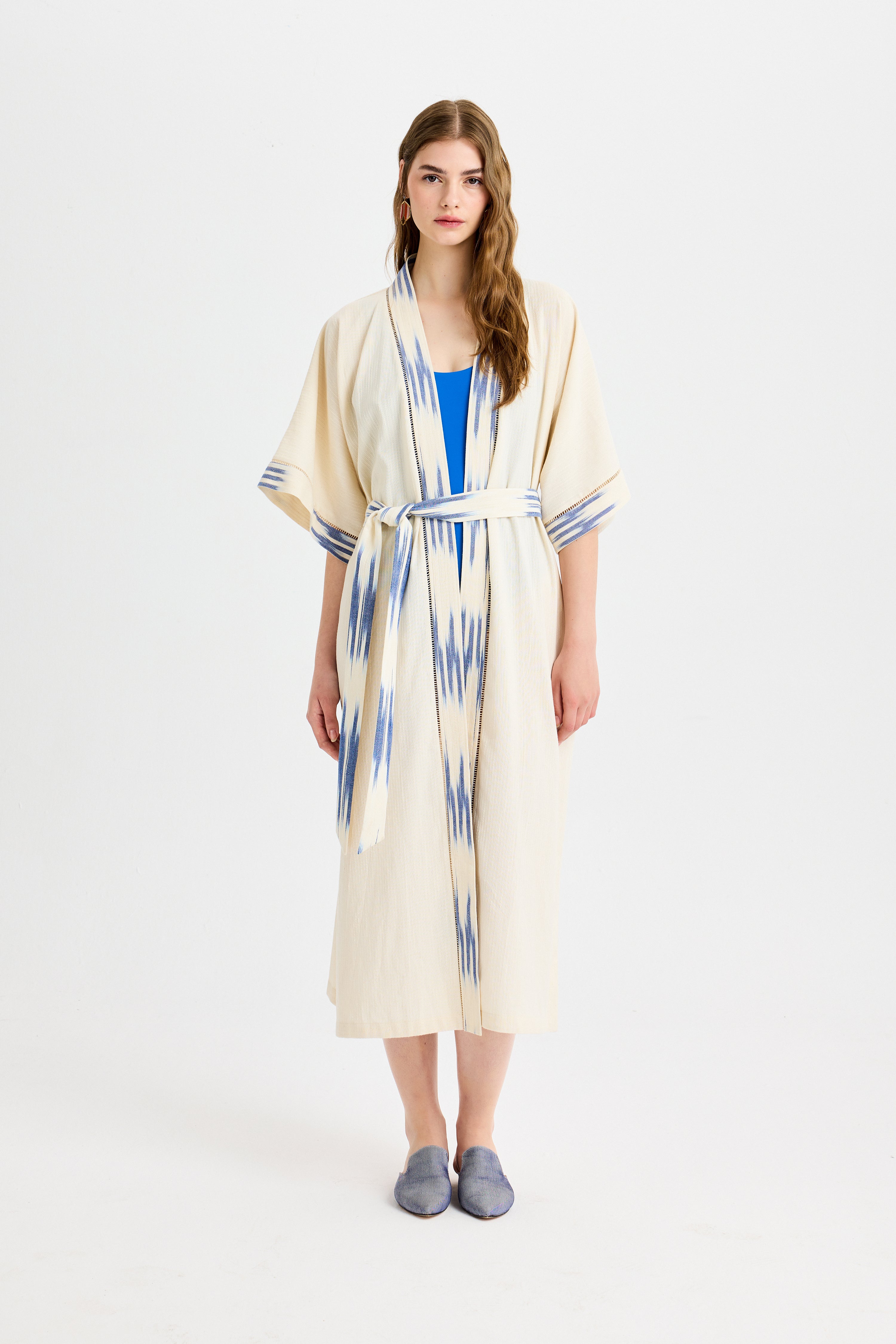 Mavi Bağlama Detaylı Uzun Peştemal Kimono