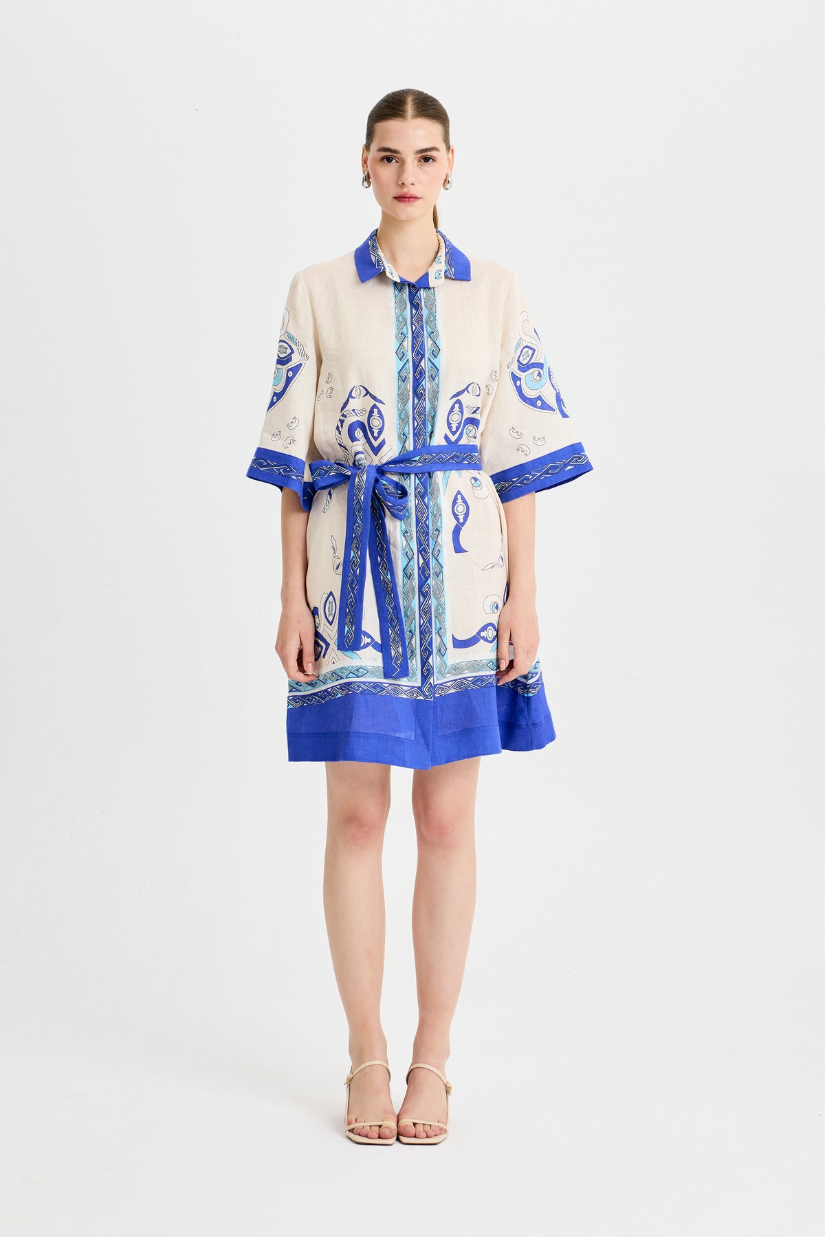 Blue Zeugma Short Sleeve Linen Shirt Dress
