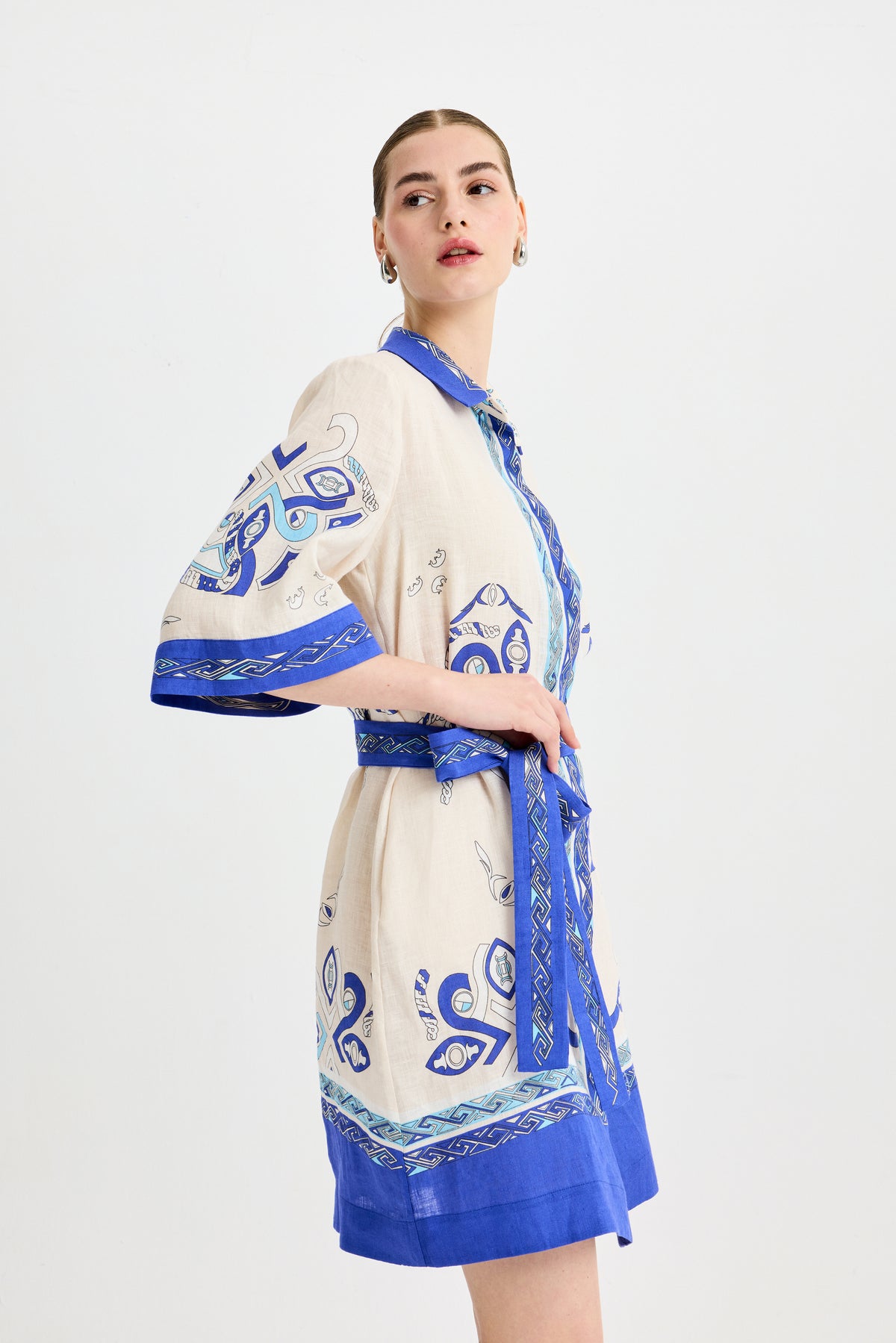 Blue Zeugma Short Sleeve Linen Shirt Dress
