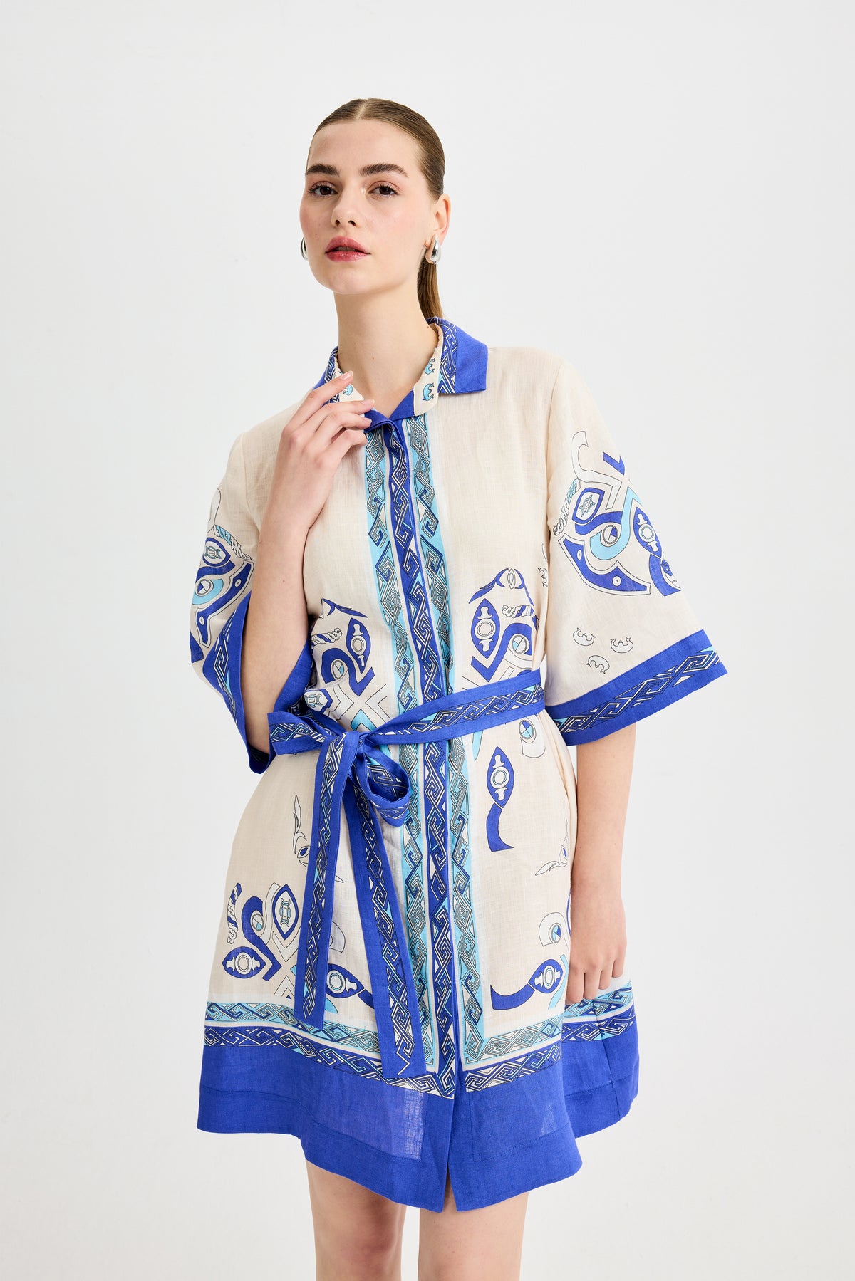 Blue Zeugma Short Sleeve Linen Shirt Dress