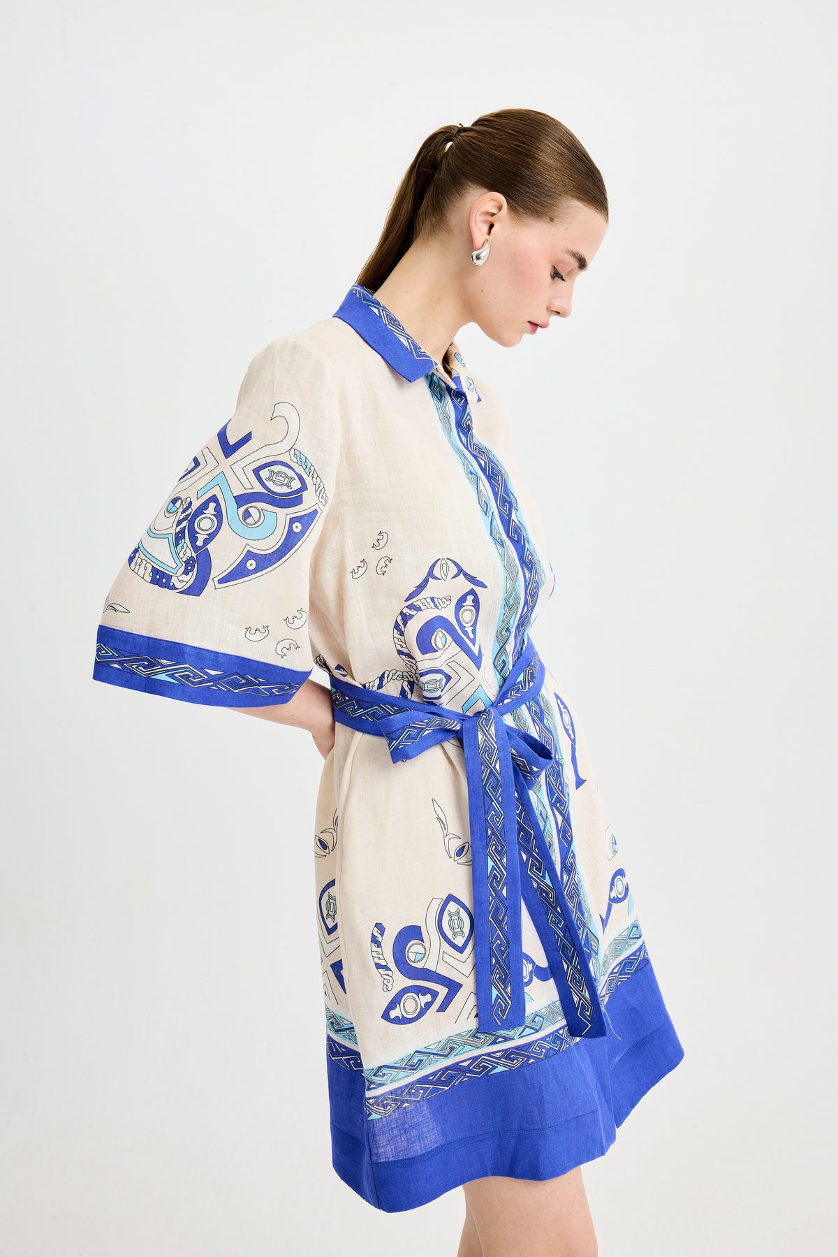 Blue Zeugma Short Sleeve Linen Shirt Dress