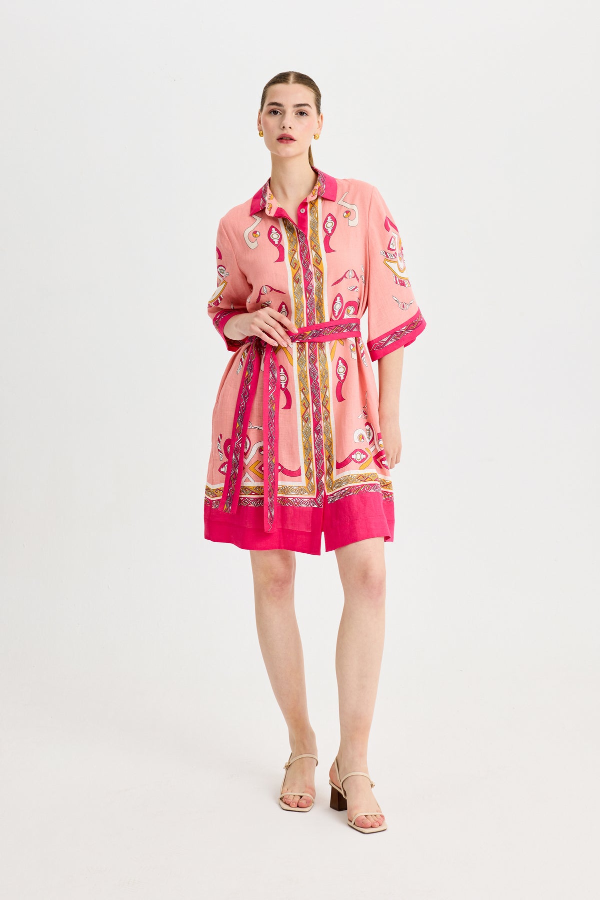 Pink Zeugma Short Sleeve Linen Shirt Dress