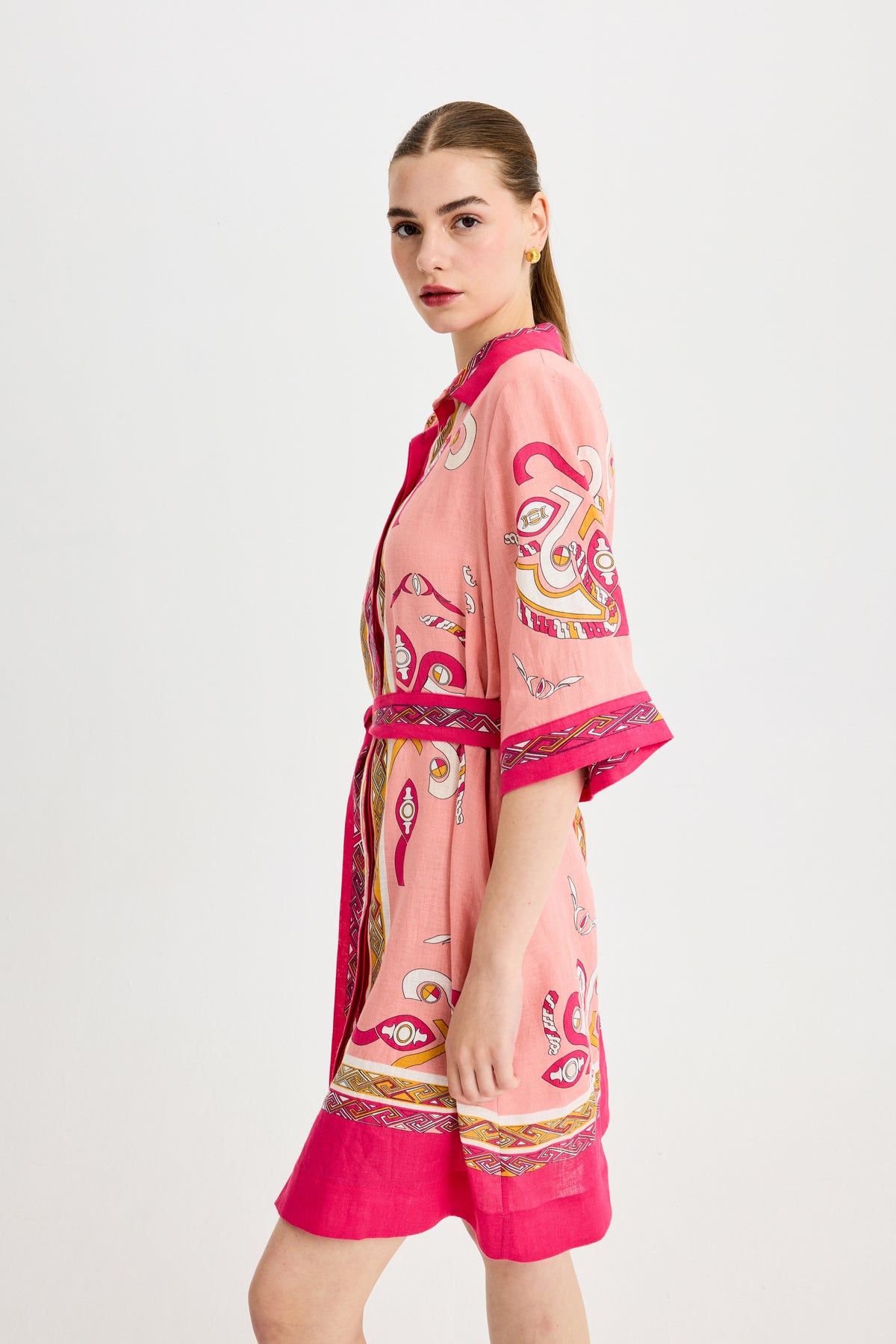 Pink Zeugma Short Sleeve Linen Shirt Dress