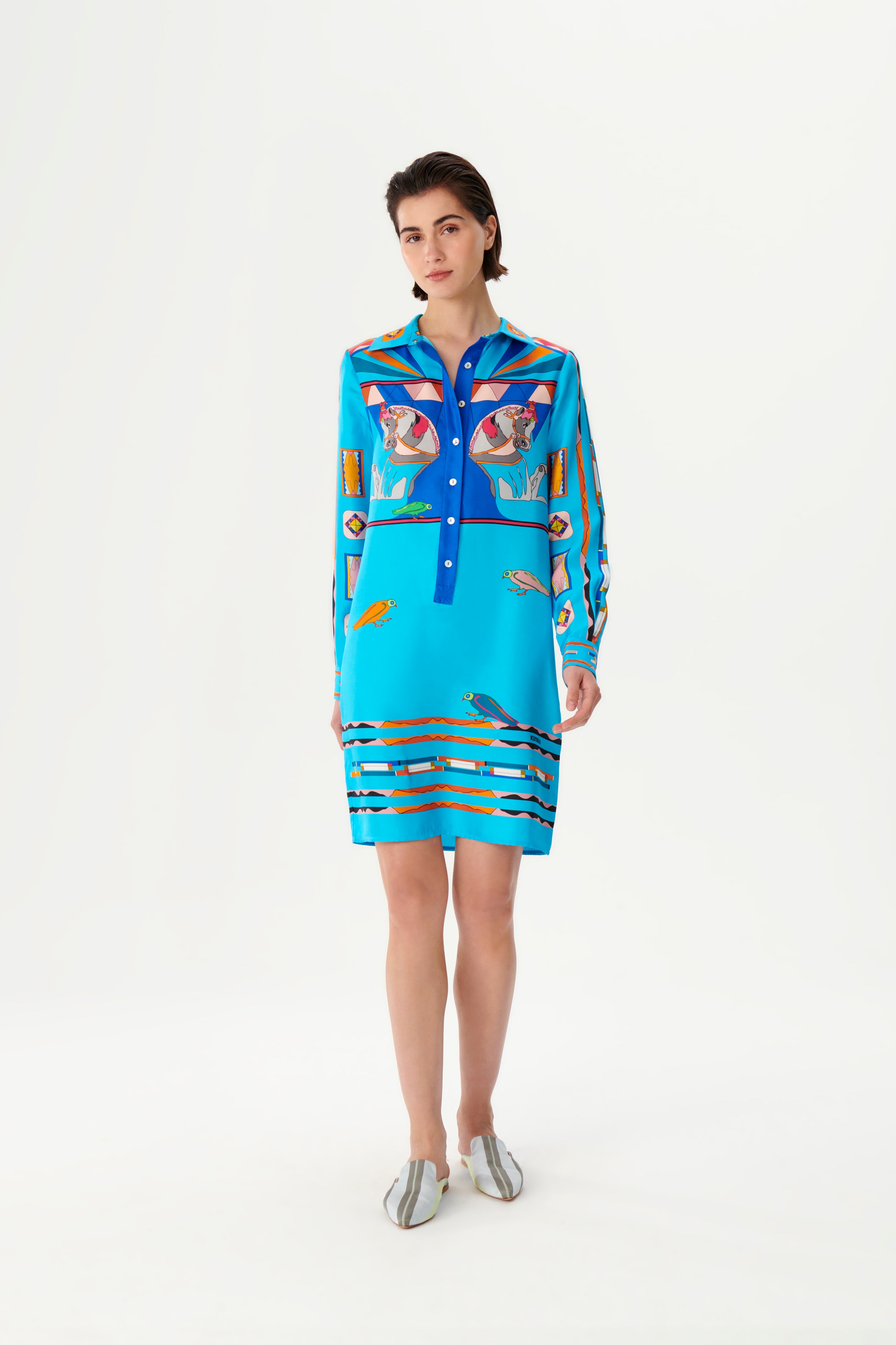 Zeugma Atlar Desenli Kısa İpek Gömlek Elbise