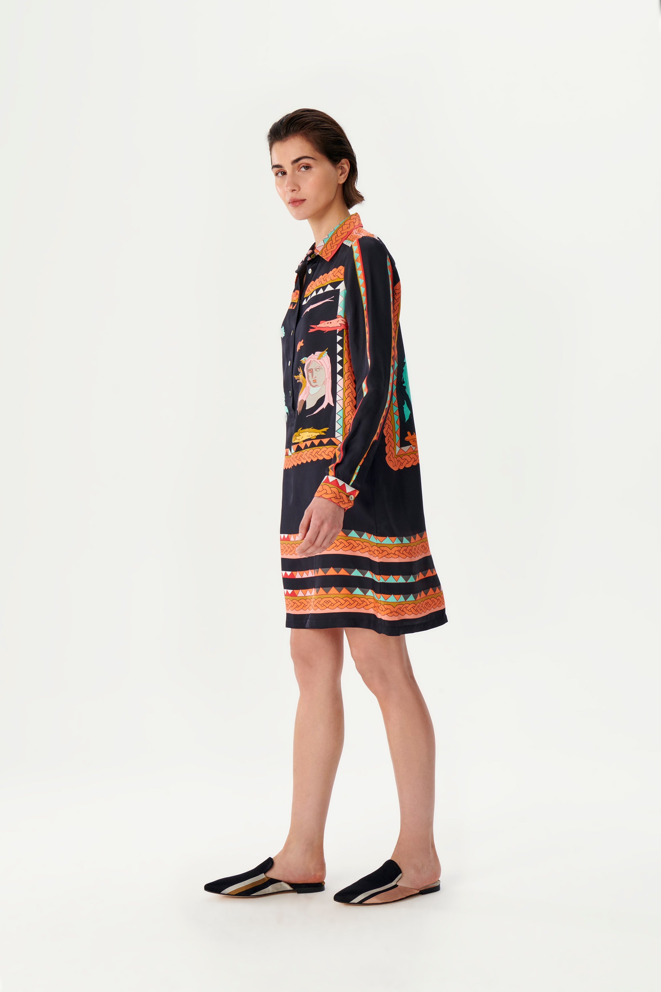 Zeugma Yüzler Desenli Kısa İpek Gömlek Elbise