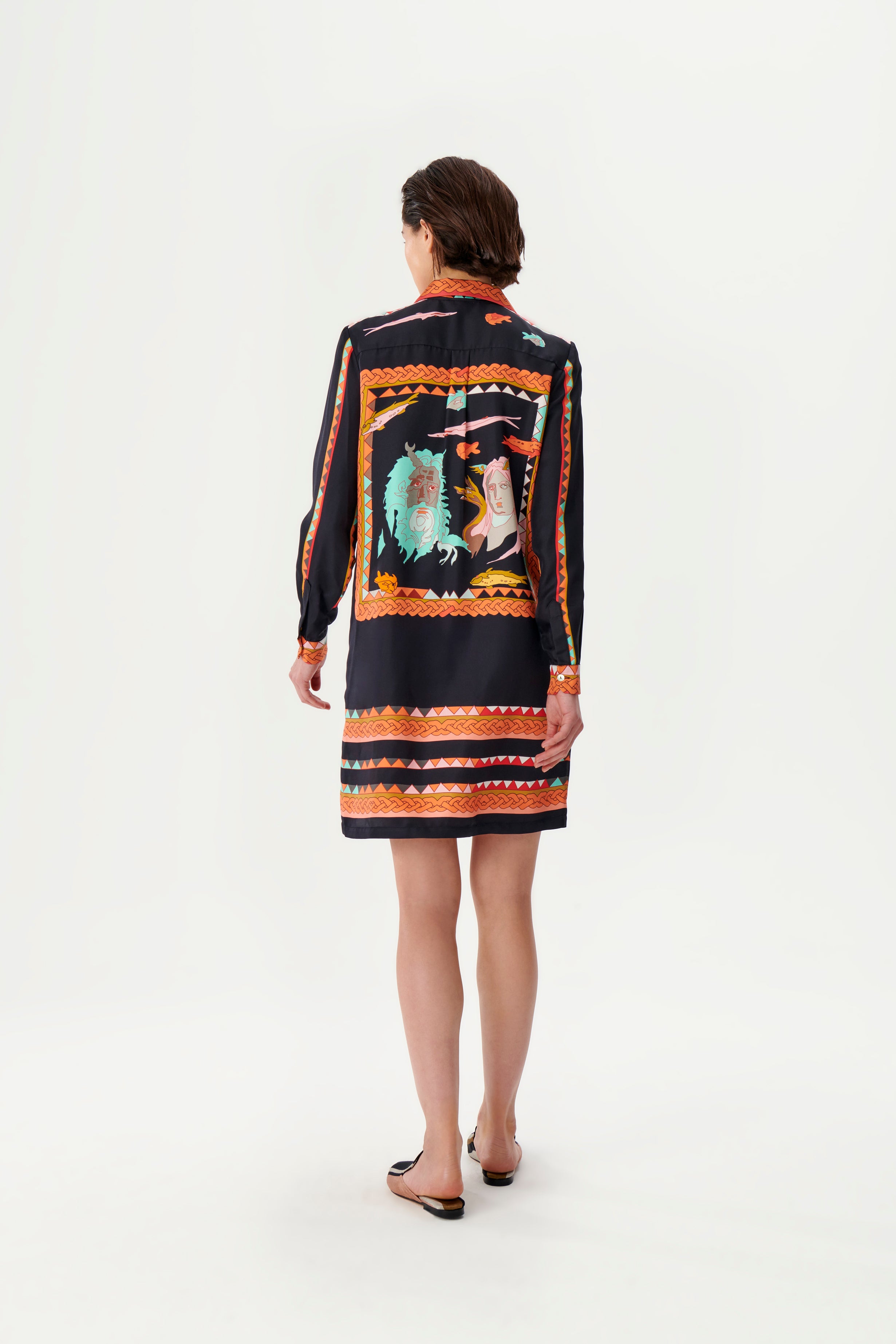 Zeugma Yüzler Desenli Kısa İpek Gömlek Elbise